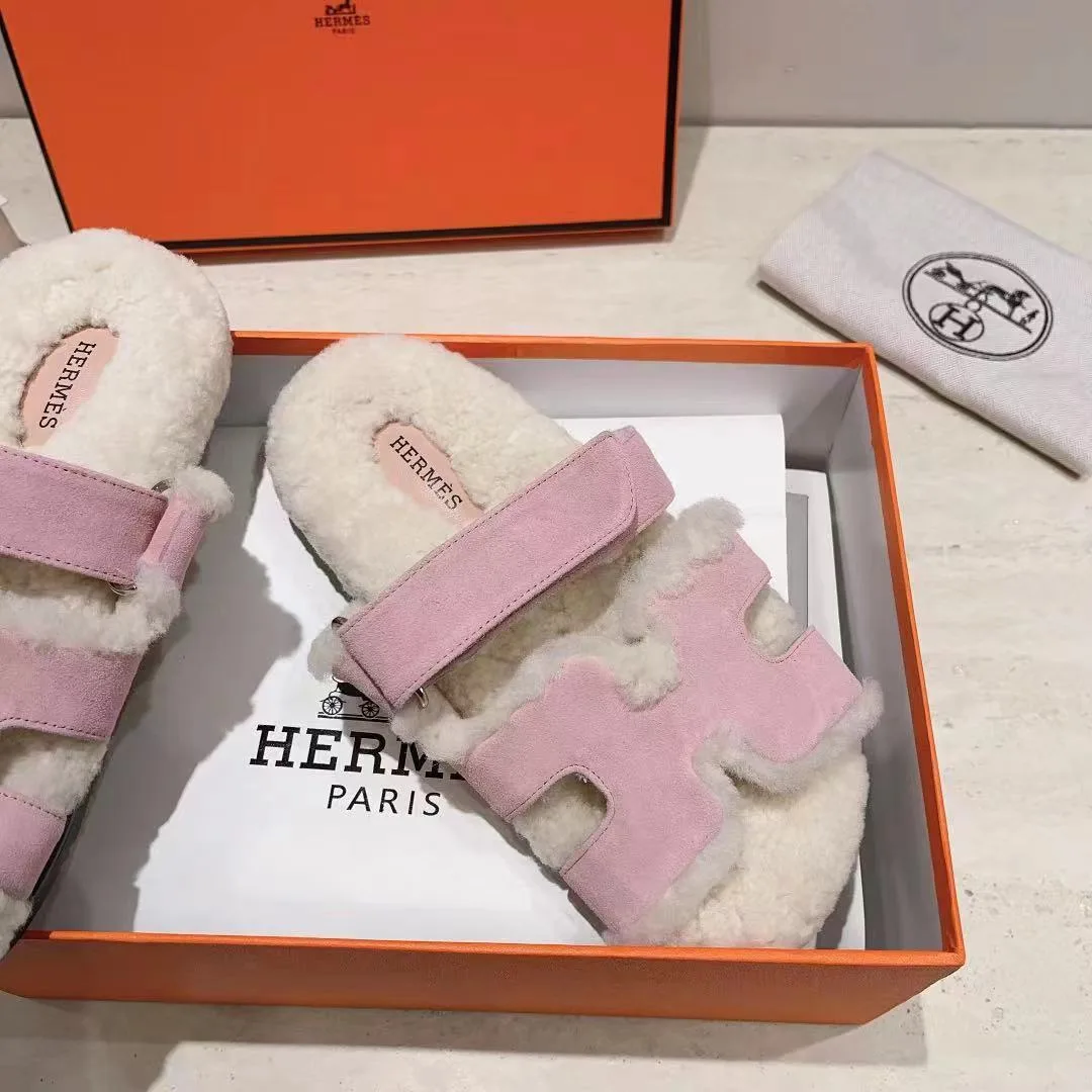 Hermes Sheepskin Chypre Shearling Slides in Pink · view 5