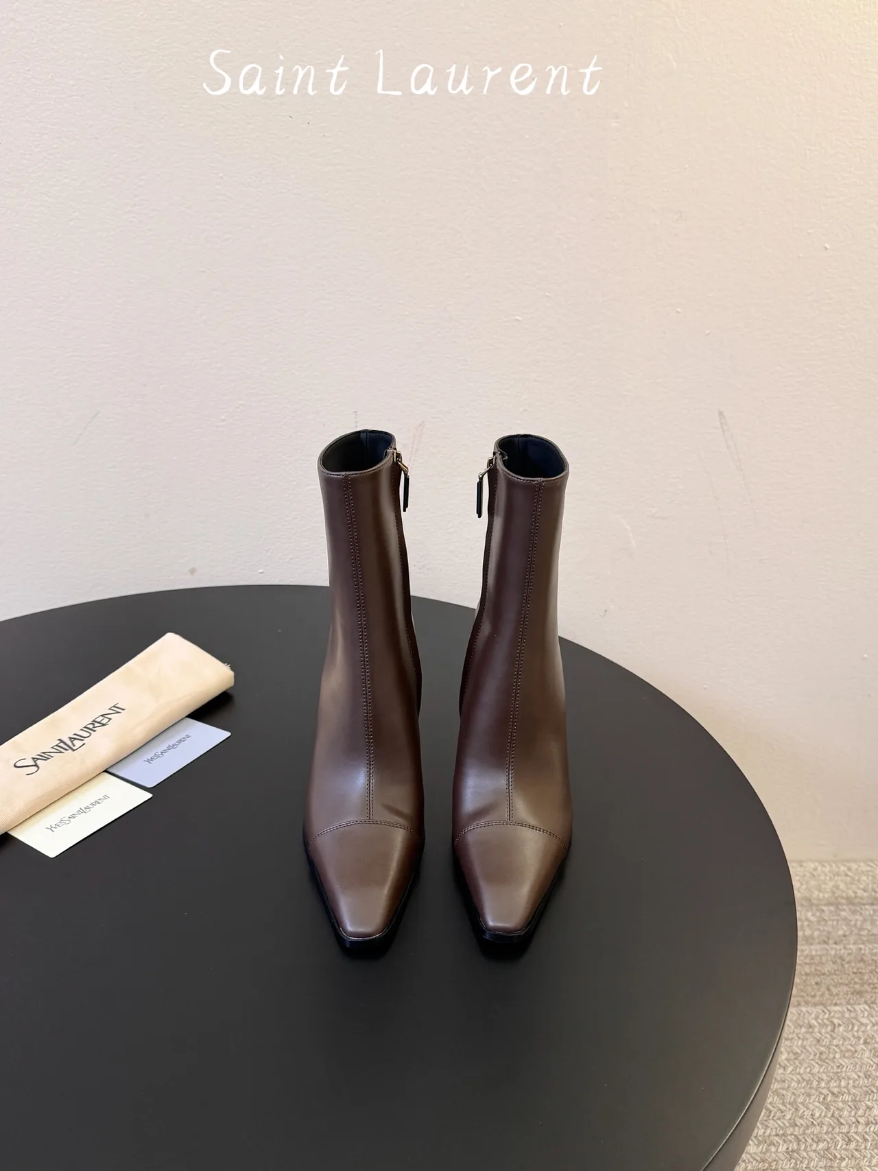 Saint Laurent Glossy Square-Toe Ankle Boots in Brown · view 1