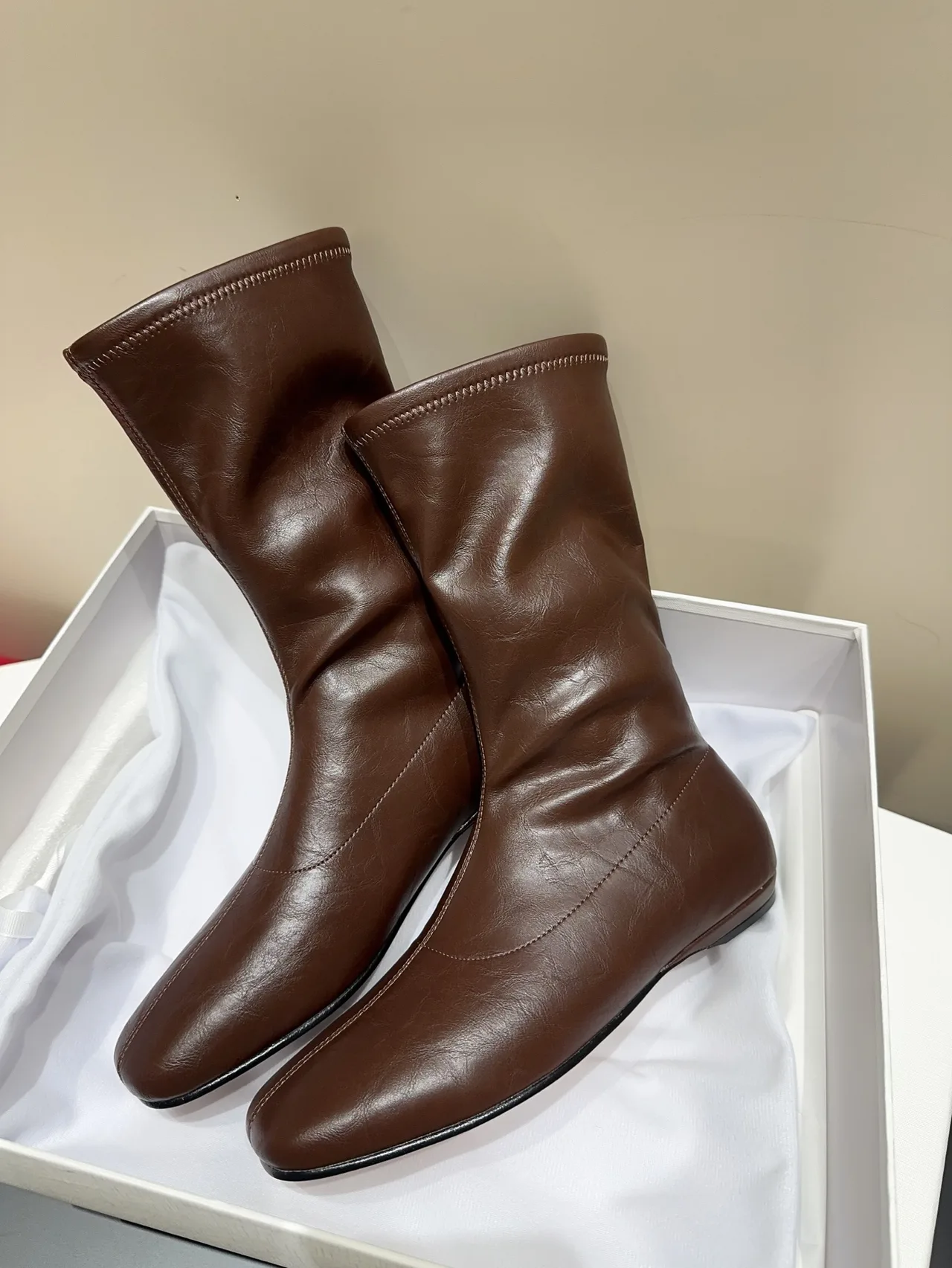 The Row Cowhide Sheepskin Glossy Round-Toe Square-Toe Ankle Boots in Brown · view 6