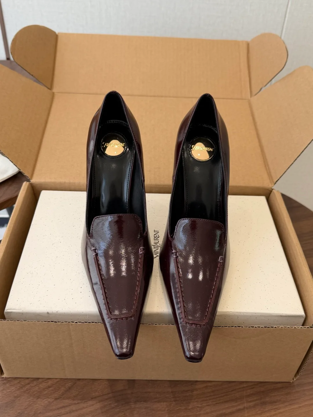 Saint Laurent Cowhide Glossy Pointed-Toe Pumps in Burgundy · view 1