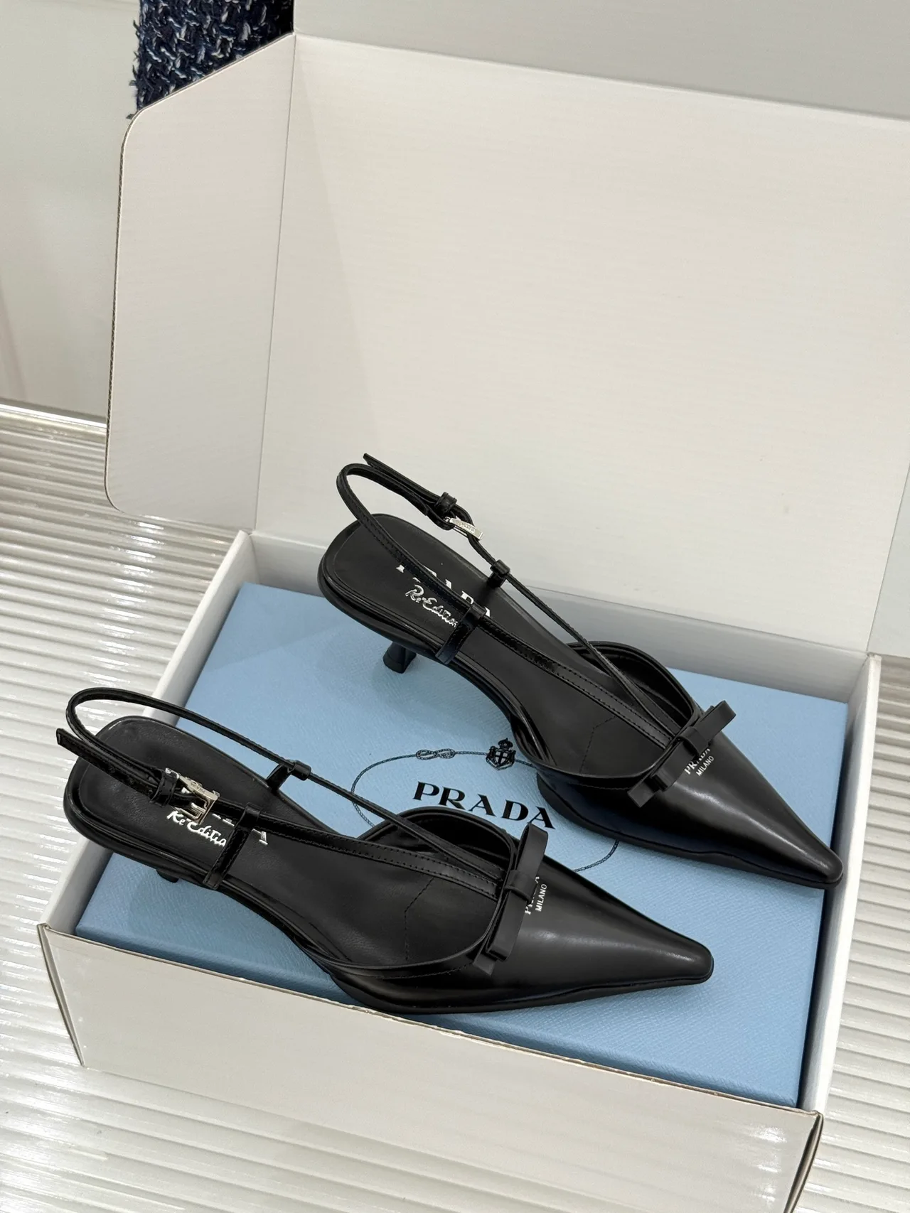 Prada Lambskin Pointed Slingback Pumps in Black · view 4