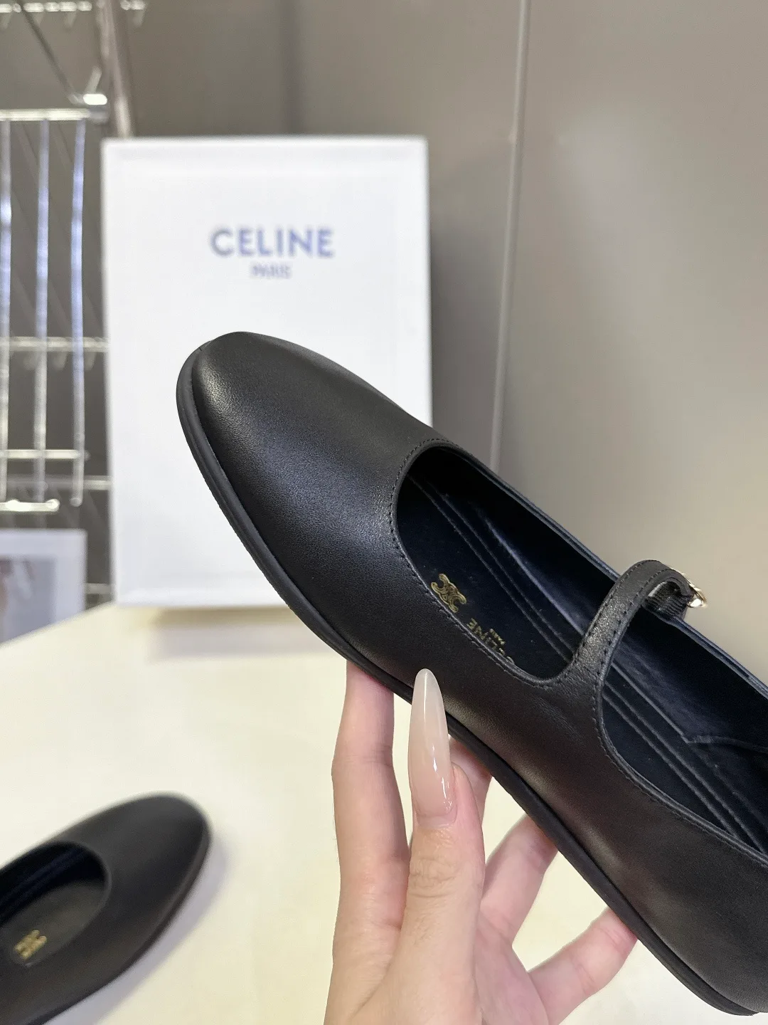 Celine Calfskin Square-Toe Mary Jane Flats in Black · view 8