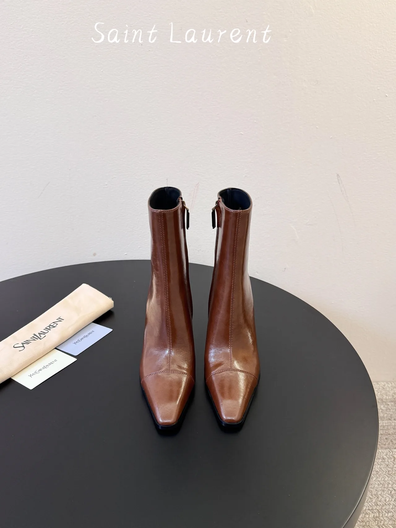 Saint Laurent Glossy Square-Toe Ankle Boots in Brown · view 1