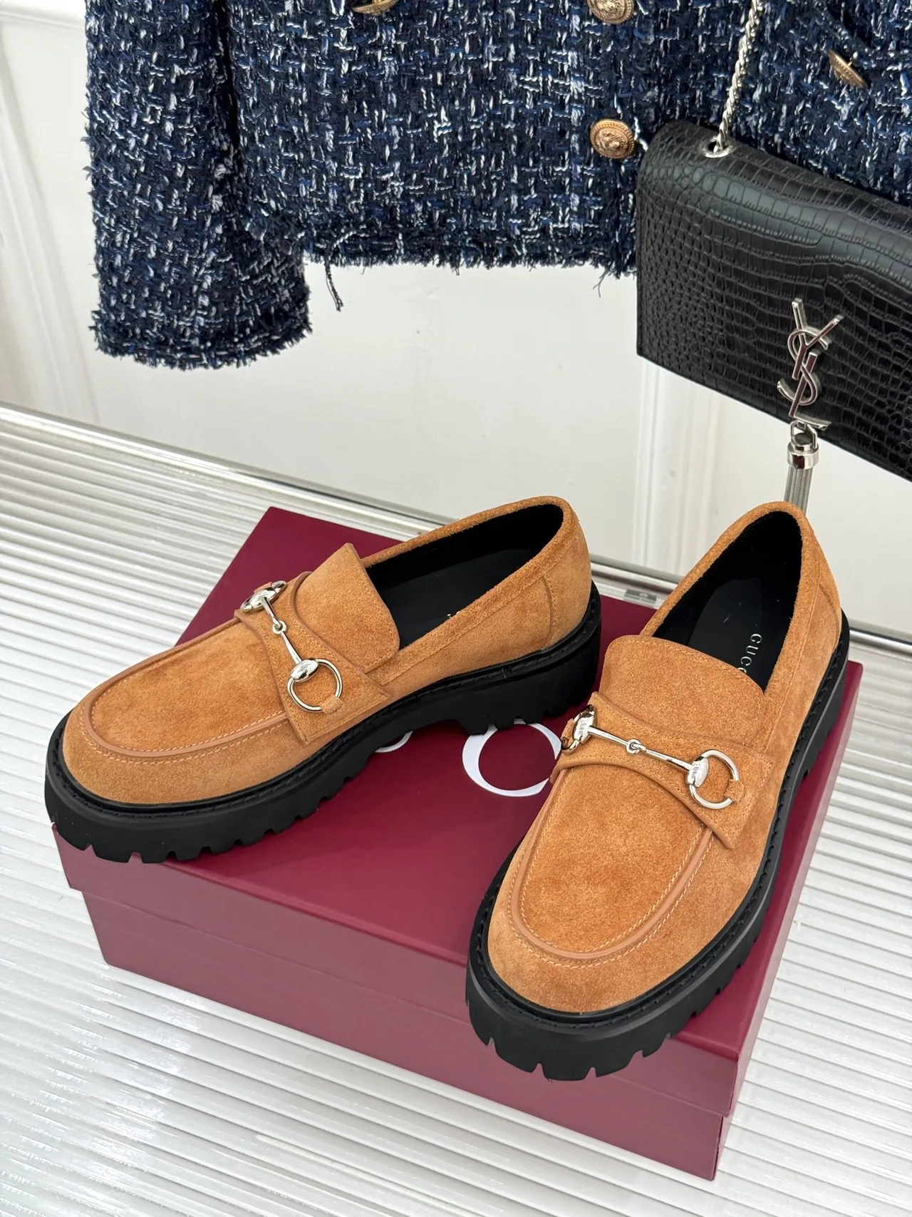 Gucci Glossy Suede-Look Round-Toe Loafers in Tan · view 2