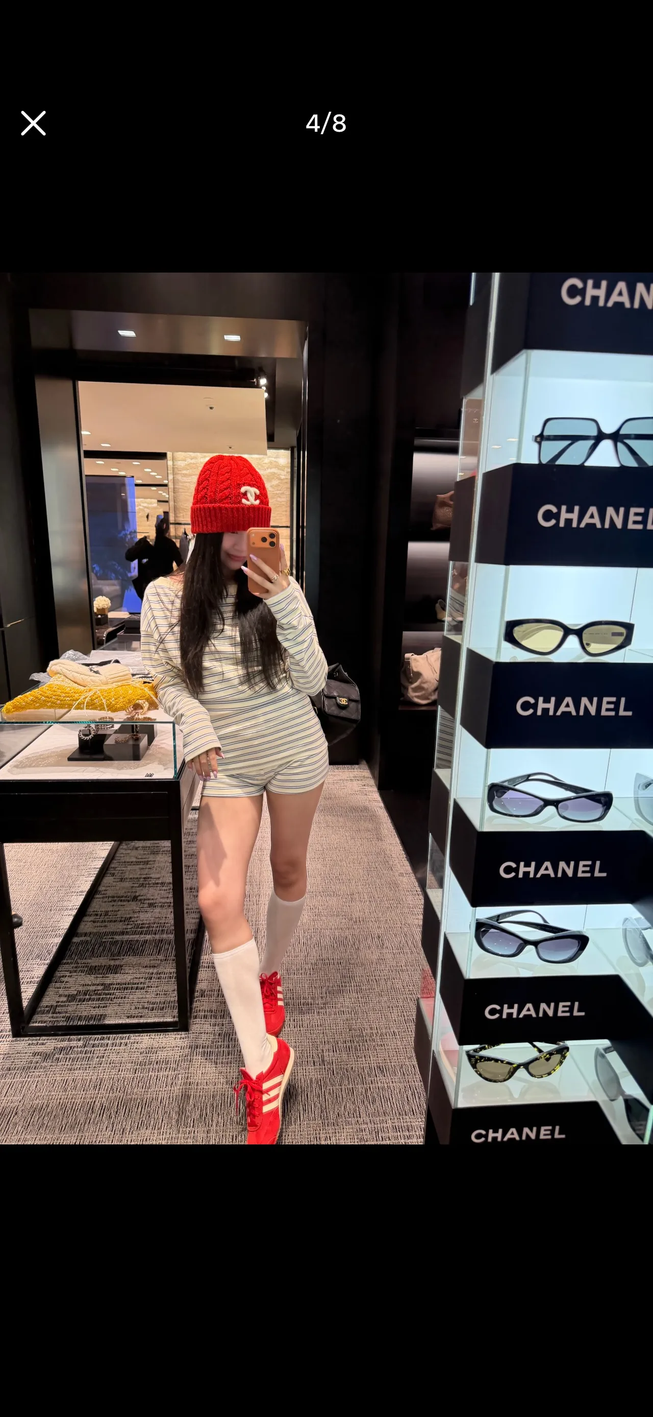 Chanel Cable-Knit Beanie in Red & Beige & Black · view 5