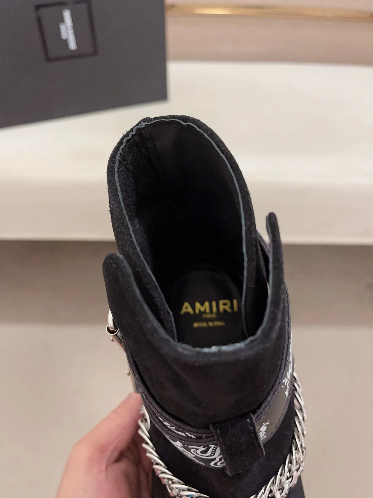 AMIRI Cowhide Suede-Look Pointed-Toe Bandana Strap Ankle Boots in Black · view 6