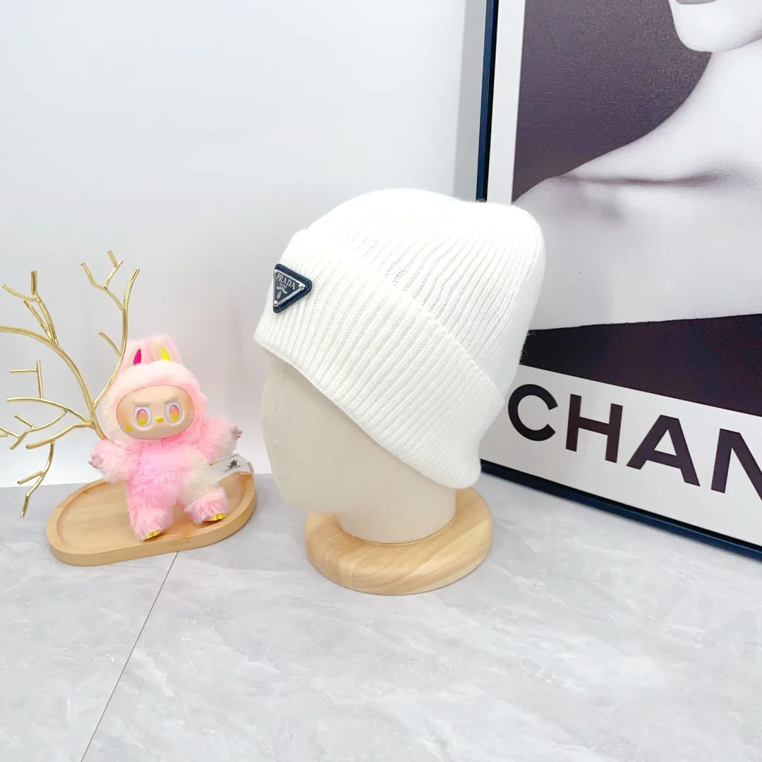 Prada Wool Triangle Logo Knit Beanie in White · view 4