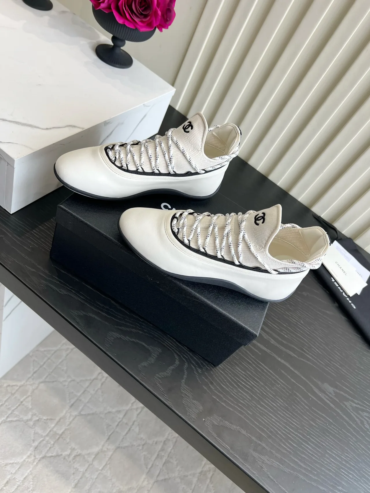 Chanel Sheepskin Striped Sneakers in White · view 2