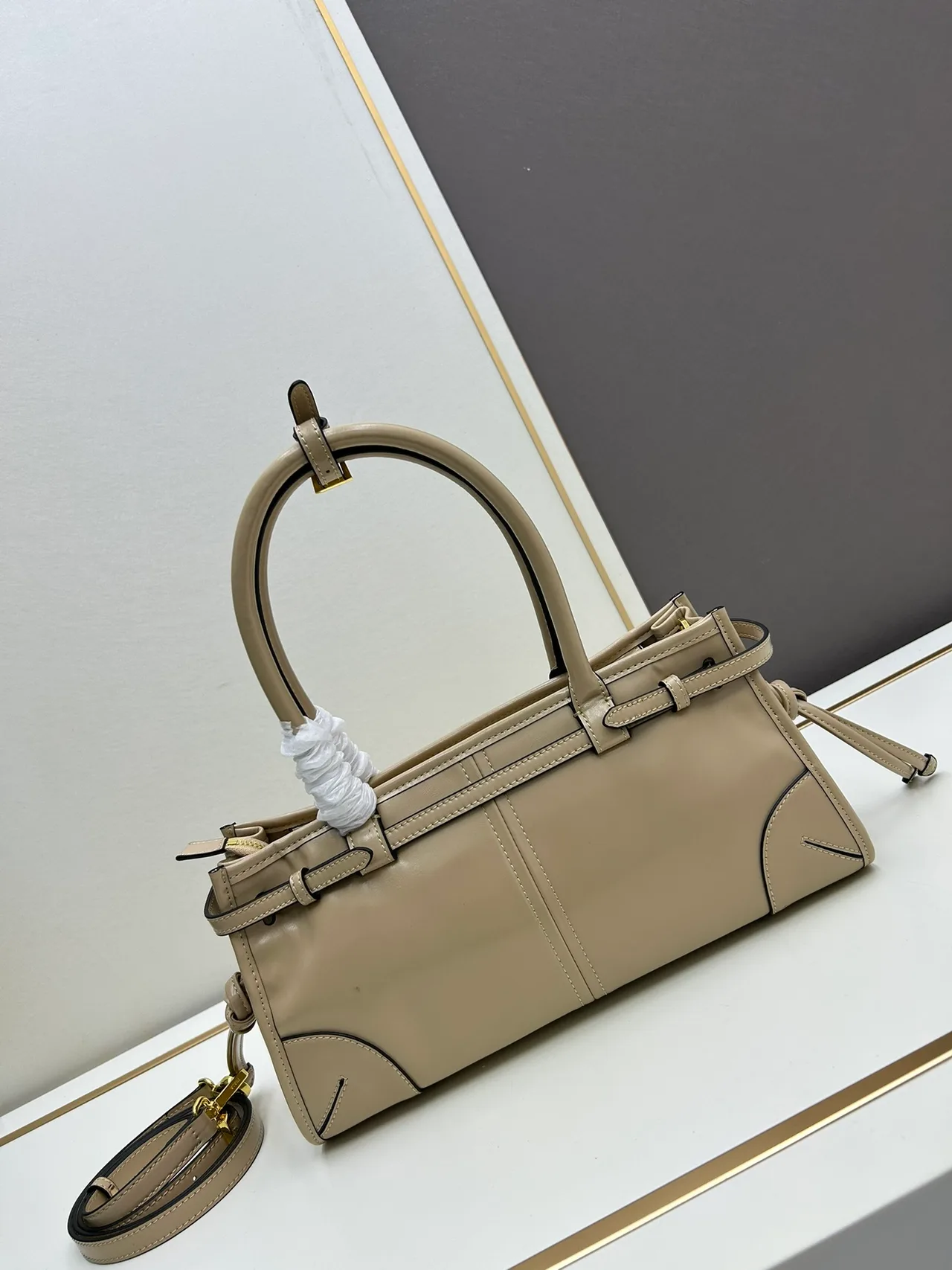 Prada Smooth Top-Handle Bag in Beige · view 3