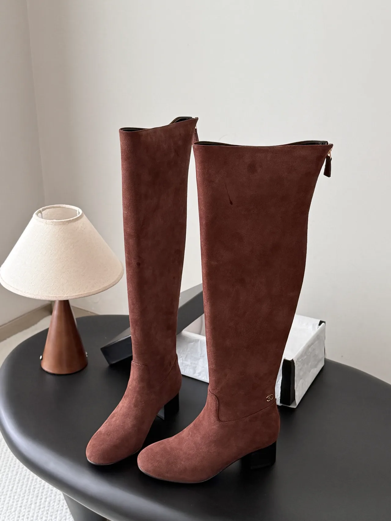Chanel Sheepskin Suede-Look Knee-High Boots in Brown · view 5
