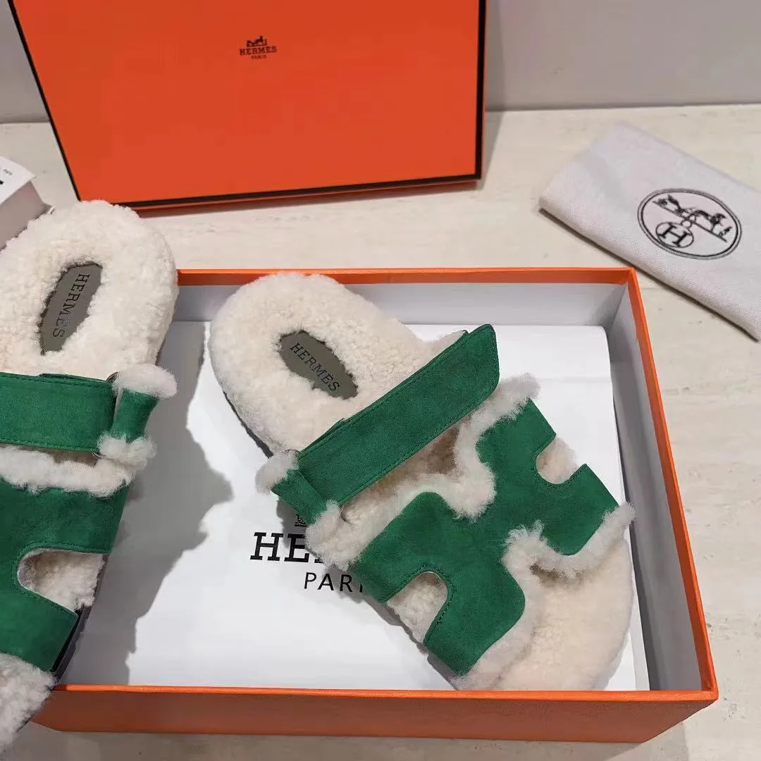 Hermes Sheepskin Chypre Shearling Slides in Green · view 6