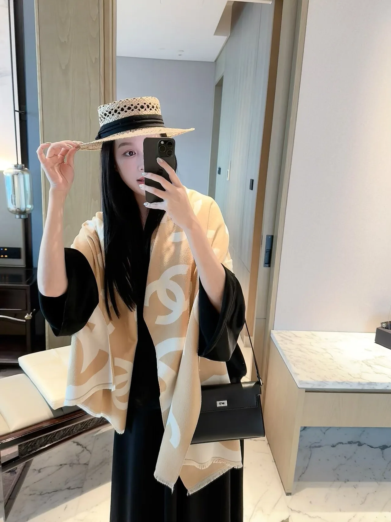 Chanel CC Jacquard Scarf in Beige & Black · view 3