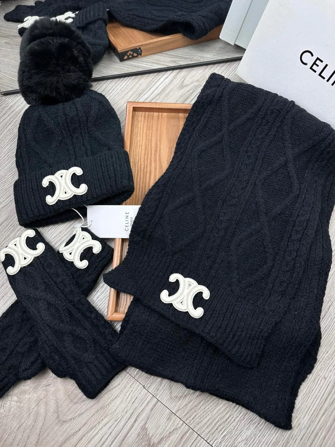 Celine 50% Wool 50% Acrylic Embroidered 3-Piece Set (Hat, Scarf & Gloves) in Black · view 5