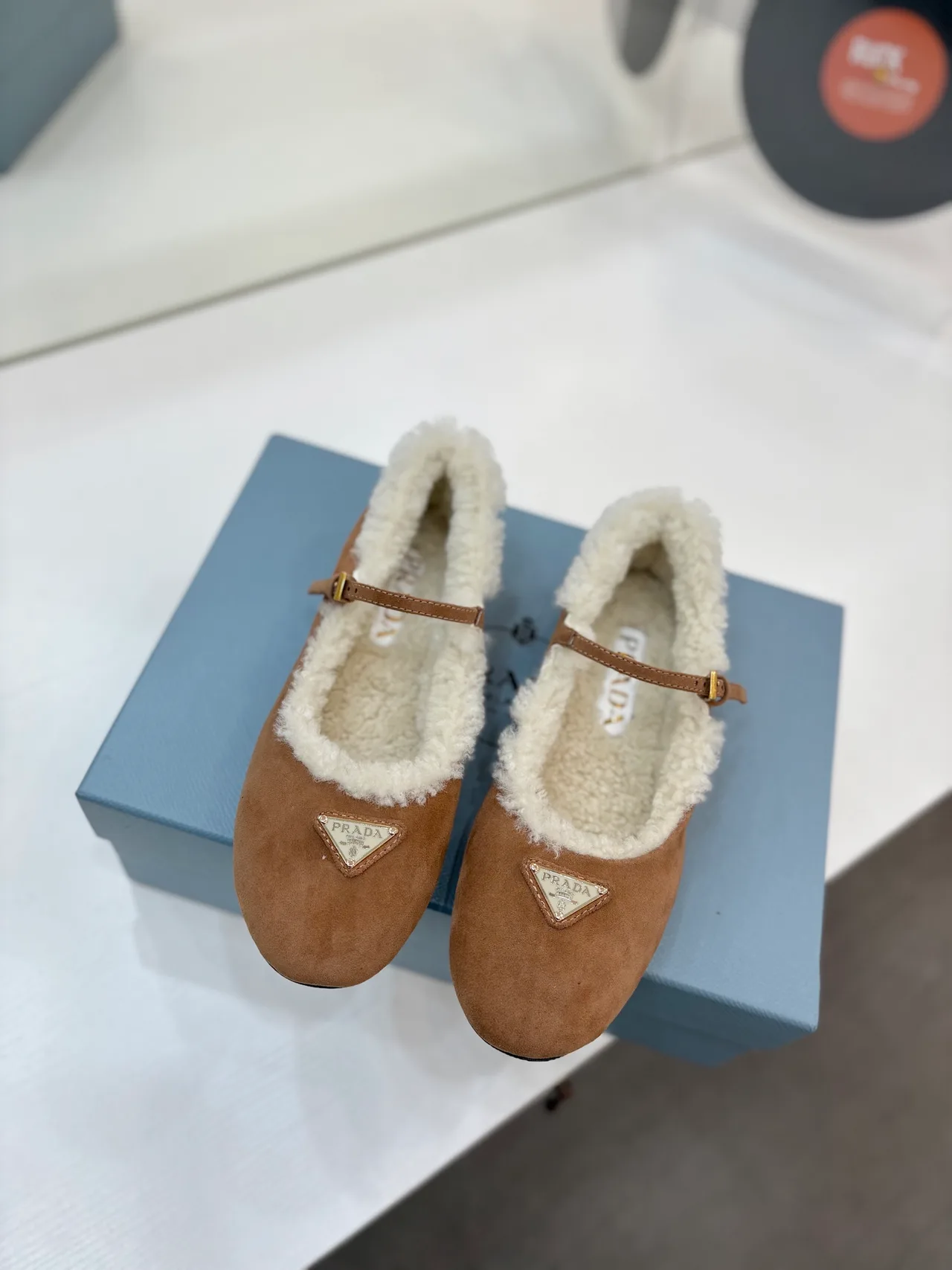 Prada Fur-Lined Mary Jane Flats in Brown · view 3