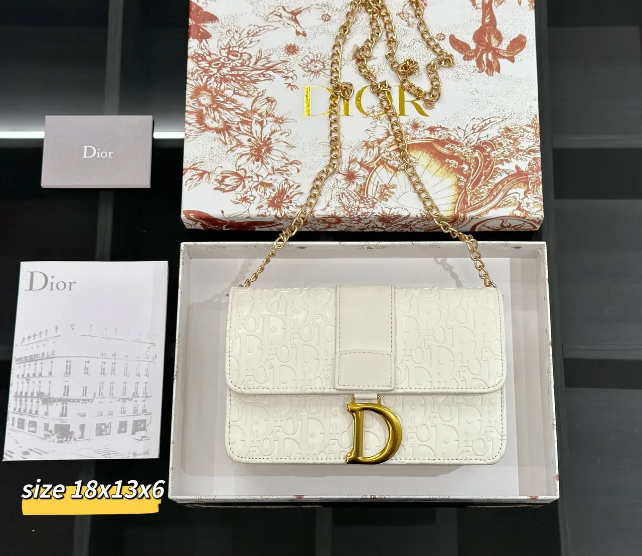Dior Saddle-Style Chain Wallet in White / Black / Grey / Blue · view 1