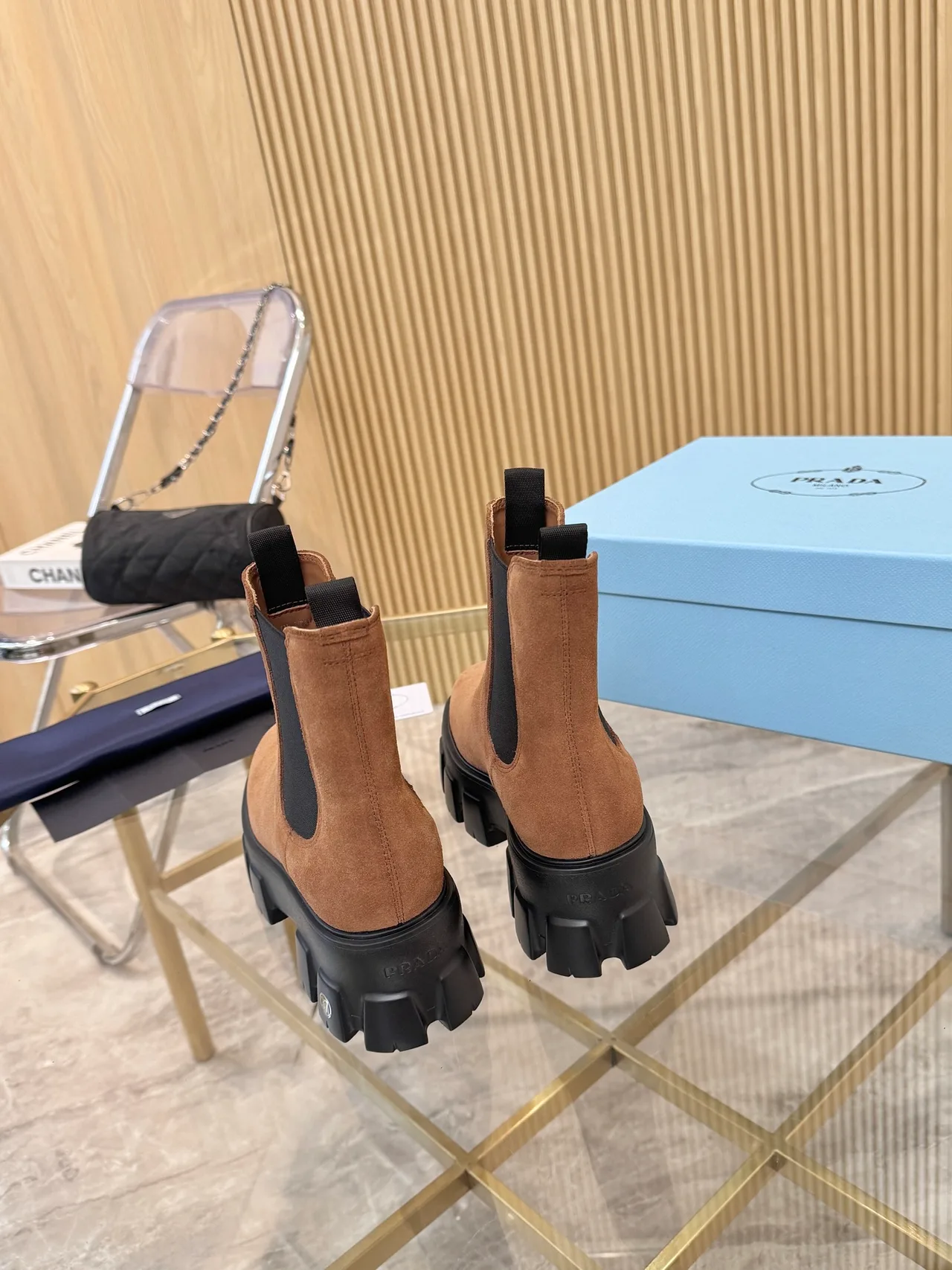 Prada Suede-Look Chelsea Boots in Brown · view 8