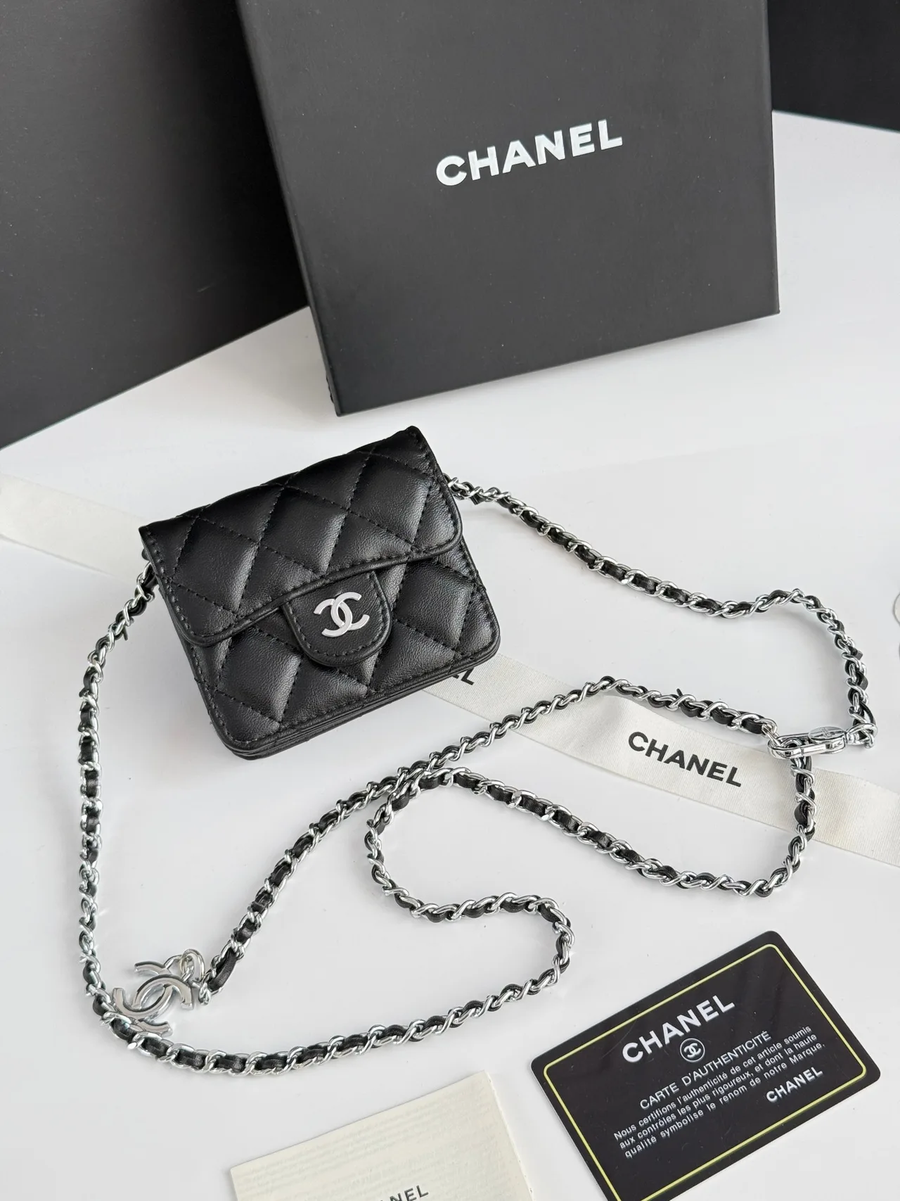 Chanel Glossy Quilted Mini Chain Bag in Black · view 1