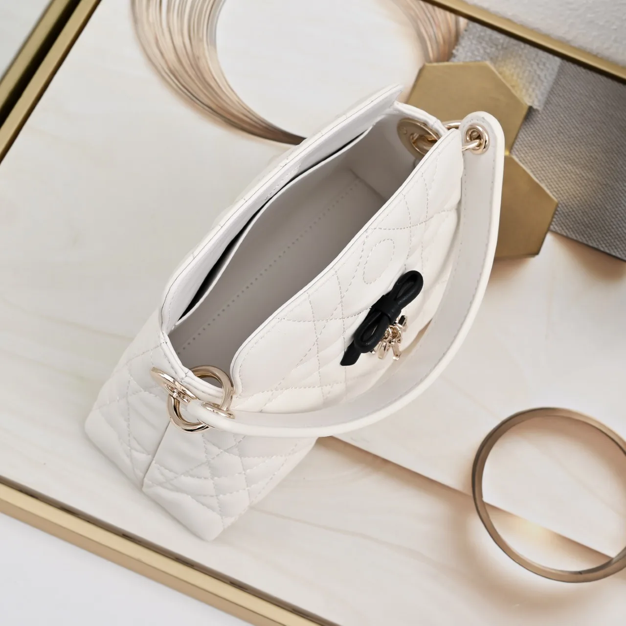 Dior Sheepskin Quilted Top-Handle Bag in White · view 8