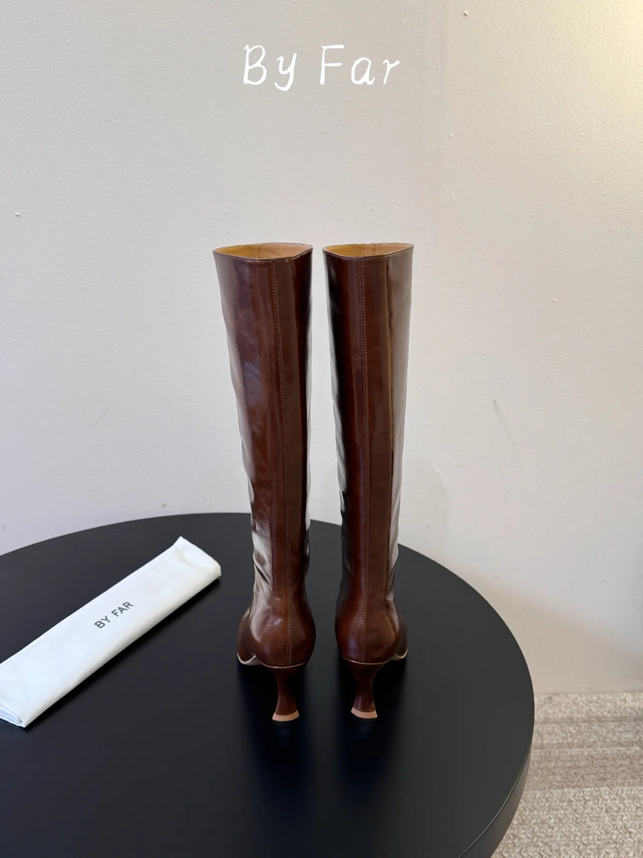 By Far Glossy Pointed-Toe Knee-High Boots in Brown · view 6