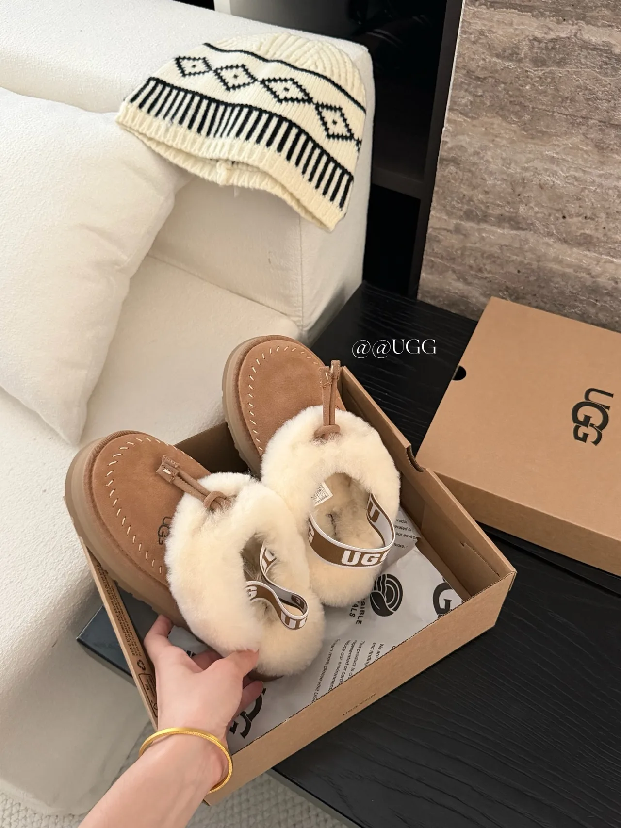 UGG Cowhide Wool Smooth Buckle Slippers in Tan · view 3
