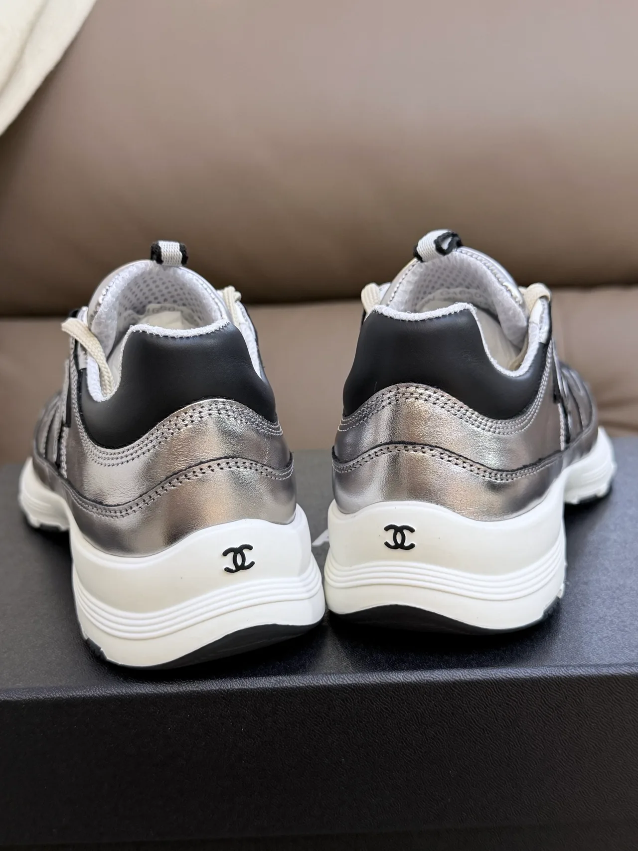 Chanel Cowhide Sheepskin Striped Sneakers in Silver · view 7