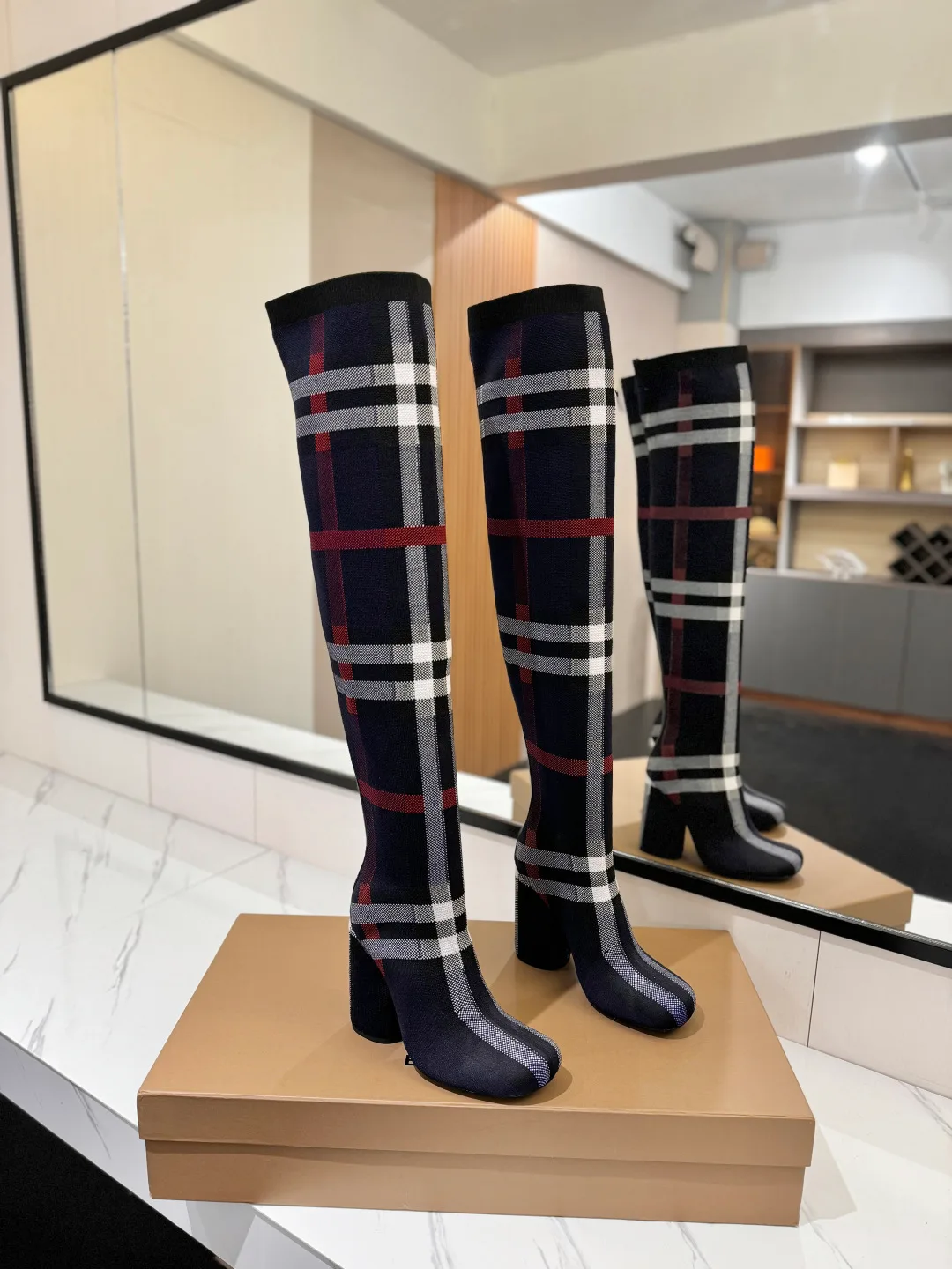 Burberry Ribbed Check Knee-High Boots in Blue · view 1