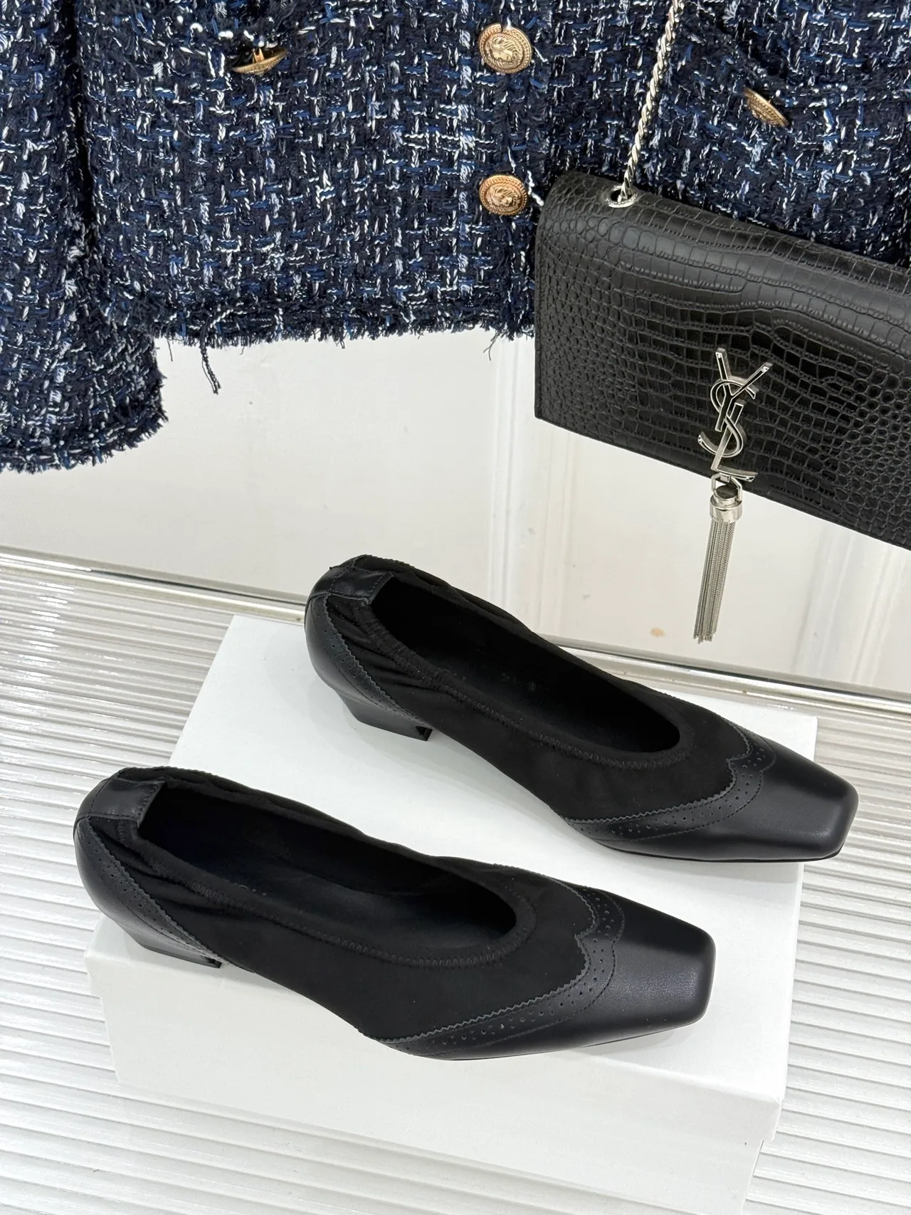YOEYYOU Lambskin Denim Glossy Square-Toe Pumps in Black · view 4
