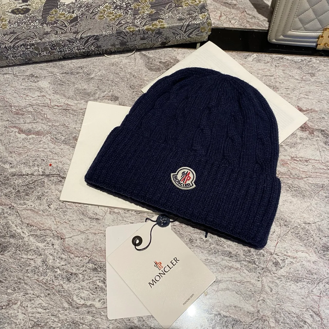 Moncler Cable-Knit Beanie in Burgundy & Cream & Tan & Blue & Grey & White & Black & Pink · view 4