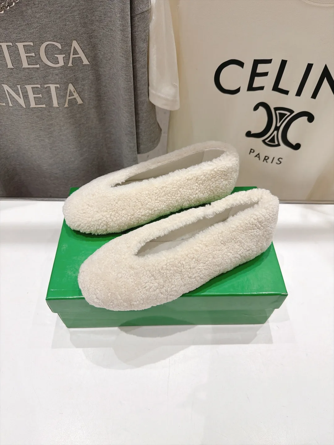 Celine Round-Toe Fleece Ballet Flats in Cream · view 4