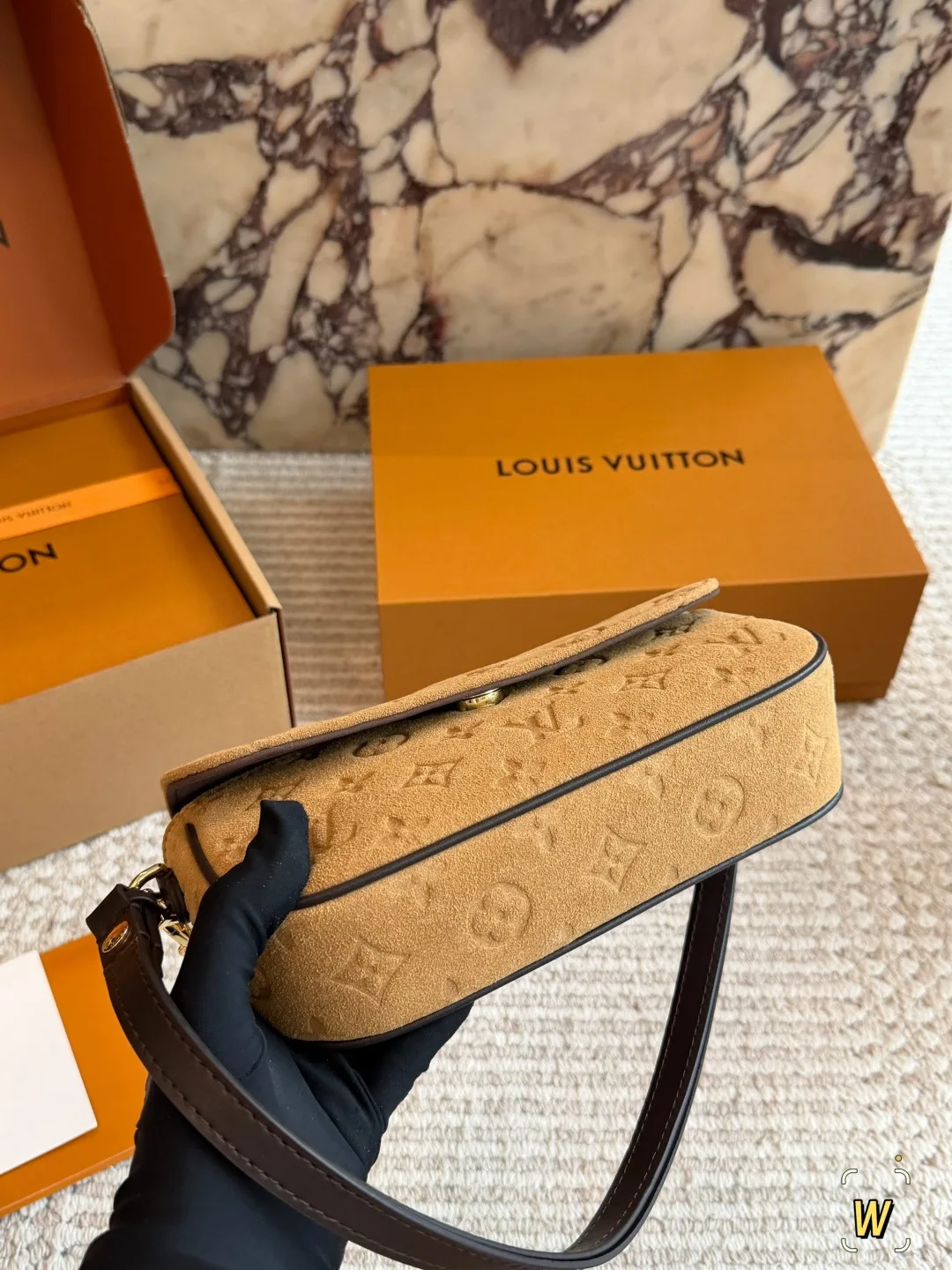 Louis Vuitton Suede Monogram Clutch in Tan · view 4
