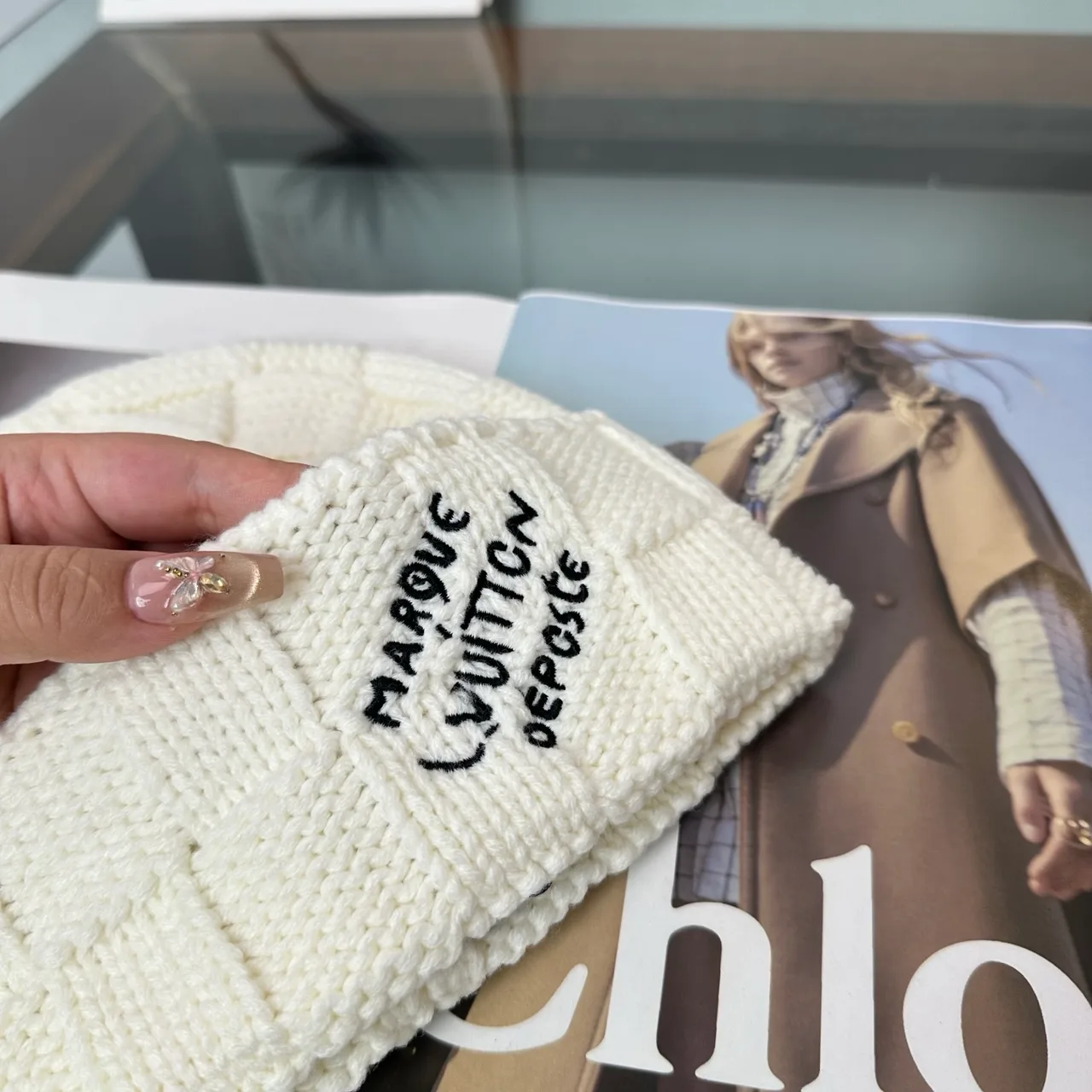 Louis Vuitton Cable-Knit Beanie in Cream & Black · view 6