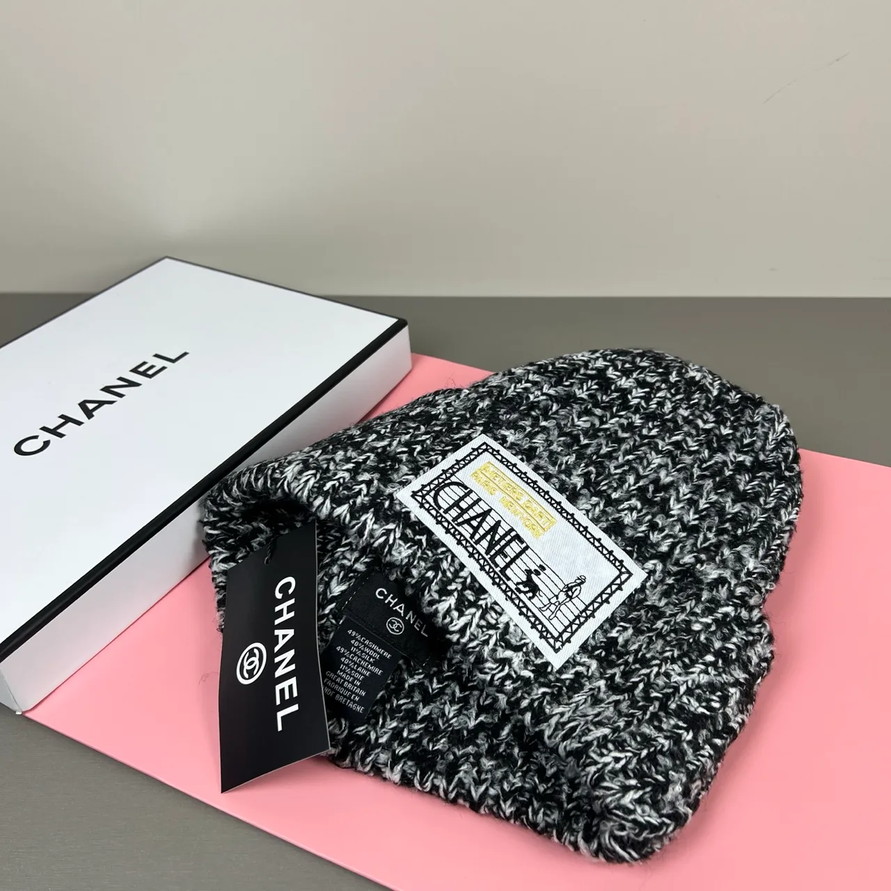 Chanel Flecked Knit Beanie in Burgundy & Grey & Cream & Black · view 2
