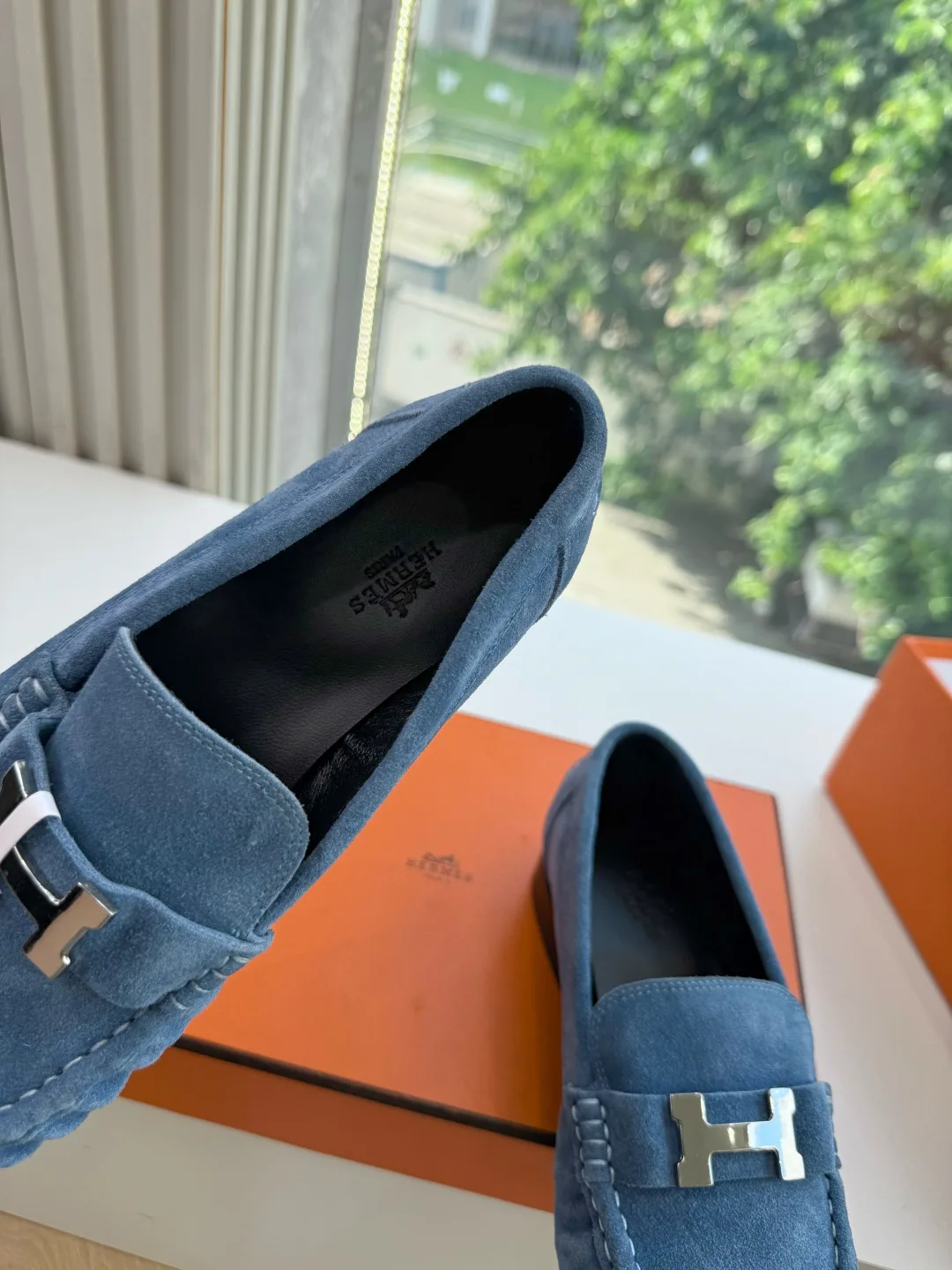 Hermes Calfskin Suede-Look Round-Toe Loafers in Blue · view 7