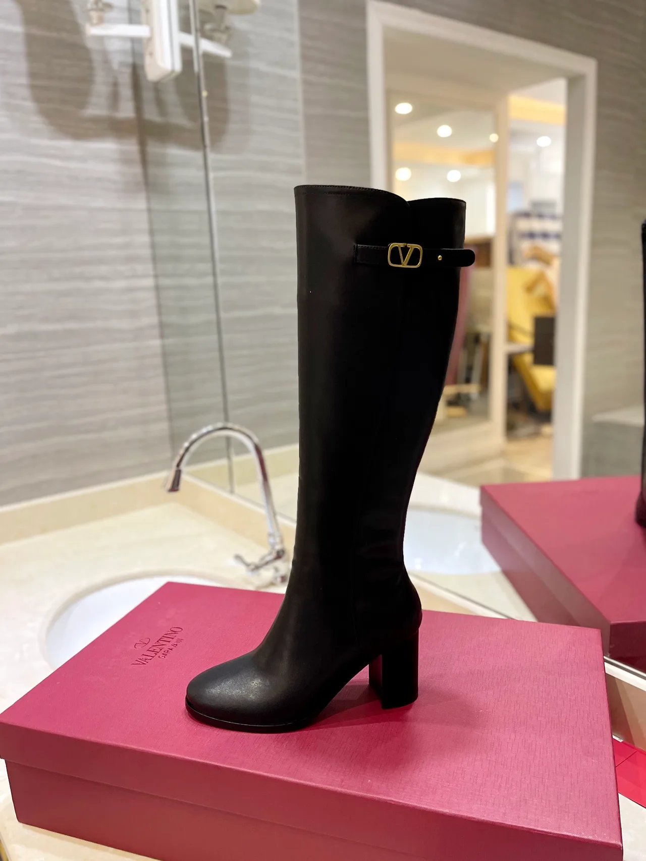 Valentino Leather Glossy Pointed-Toe Buckle Knee-High Boots in Black · view 6