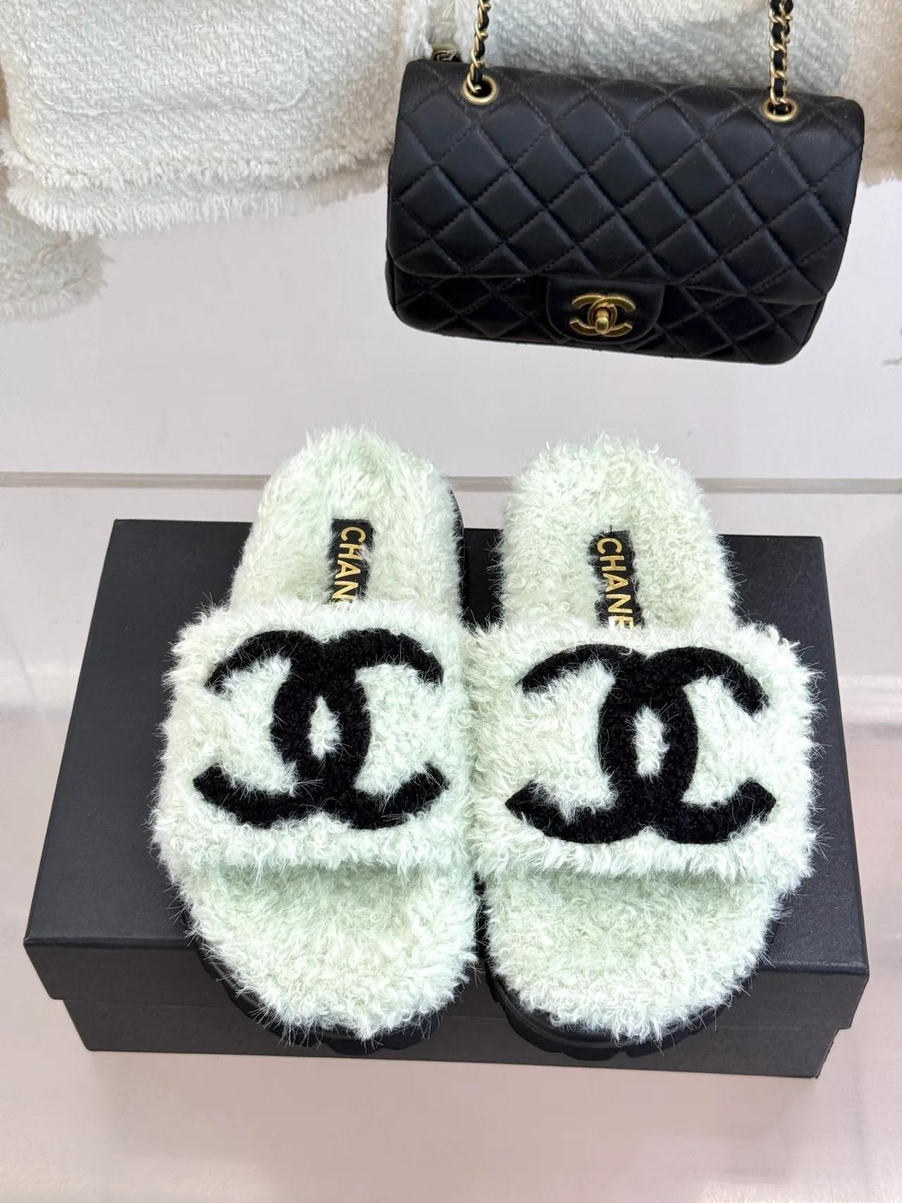 Chanel Denim Slippers in Green · view 4