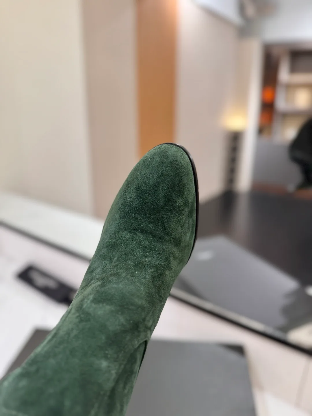 Saint Laurent Cowhide Sheepskin Suede-Look Pointed-Toe Buckle Boots in Green · view 7