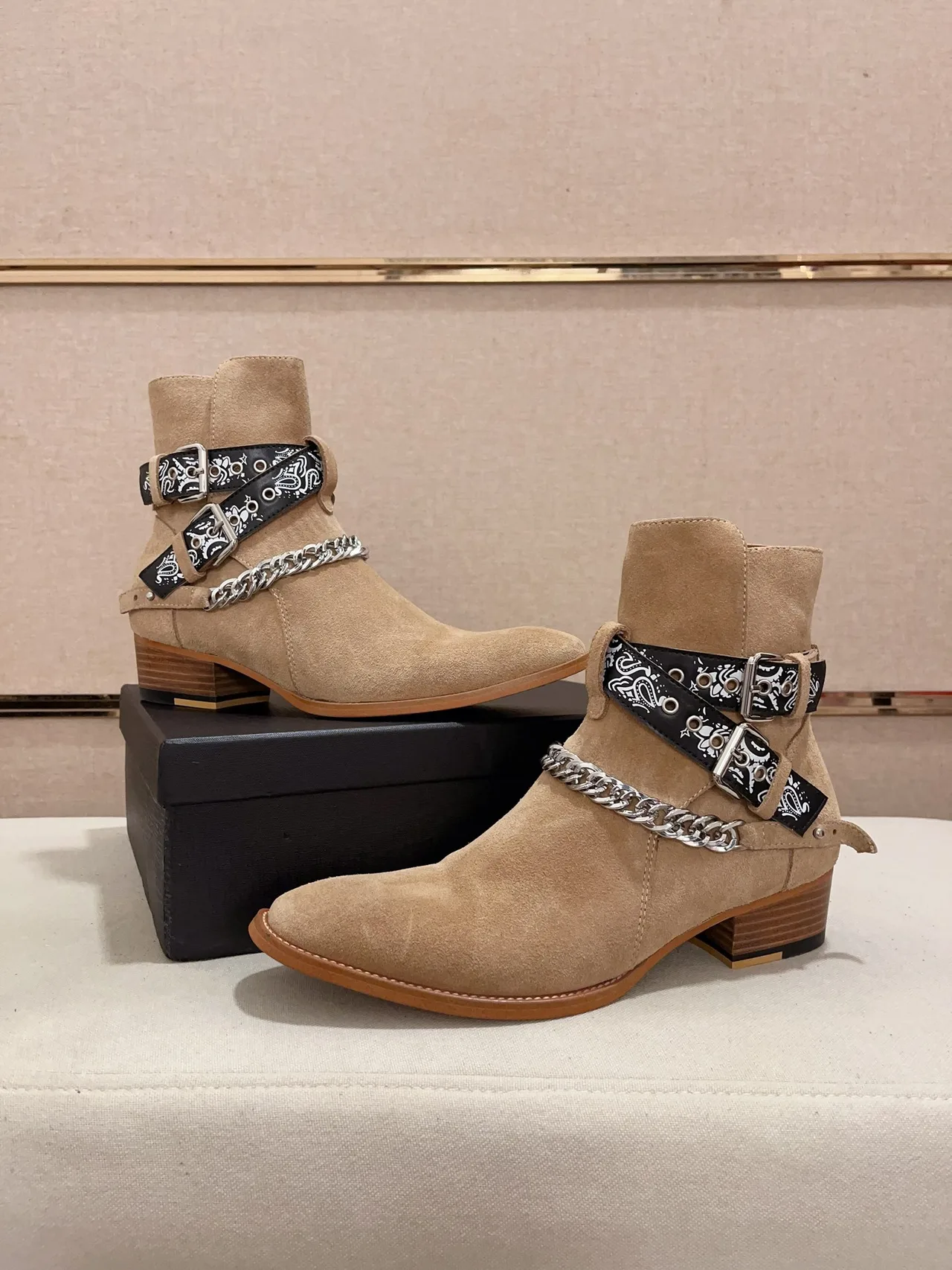 Saint Laurent Cowhide Suede-Look Square-Toe Ankle Boots in Tan · view 6