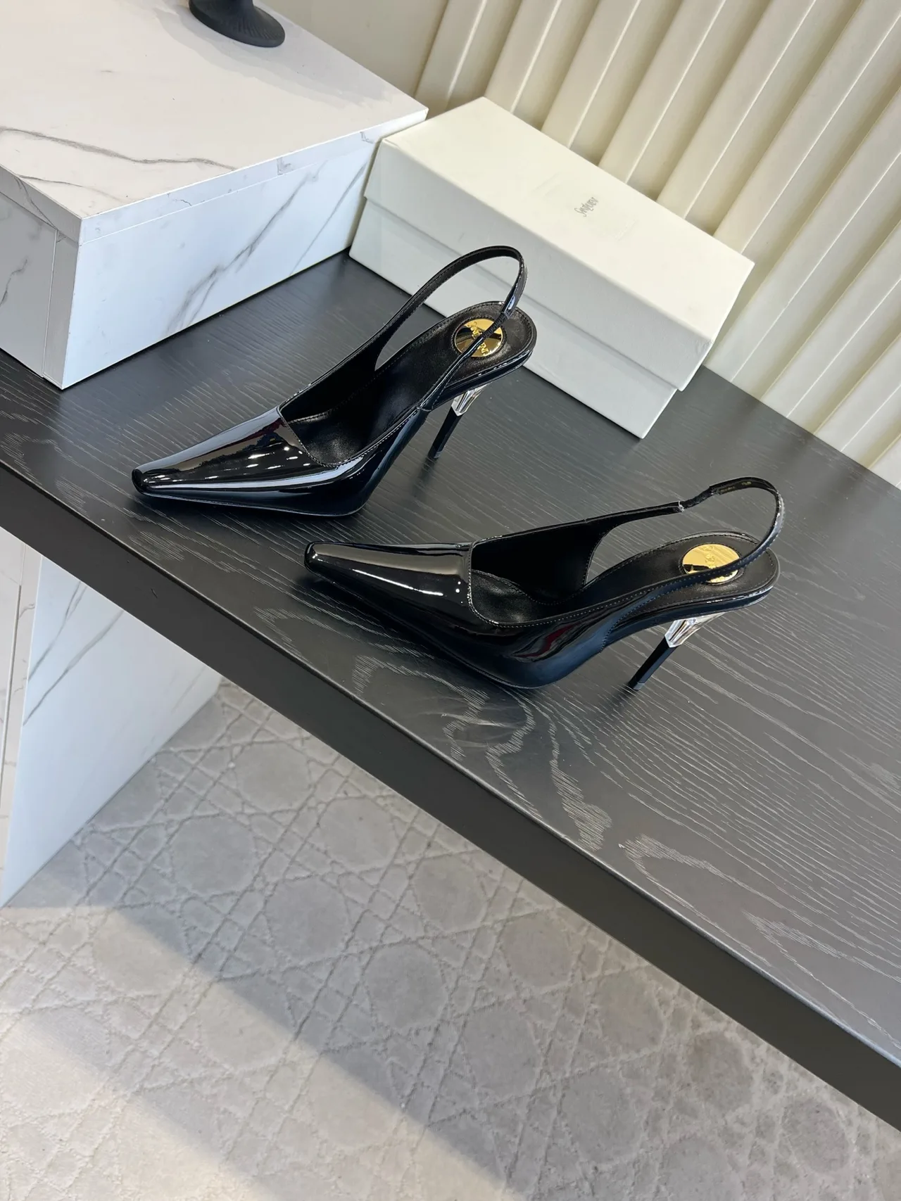 Saint Laurent Cowhide Silk Glossy Pointed-Toe Buckle Slingback Heels in Black · view 2