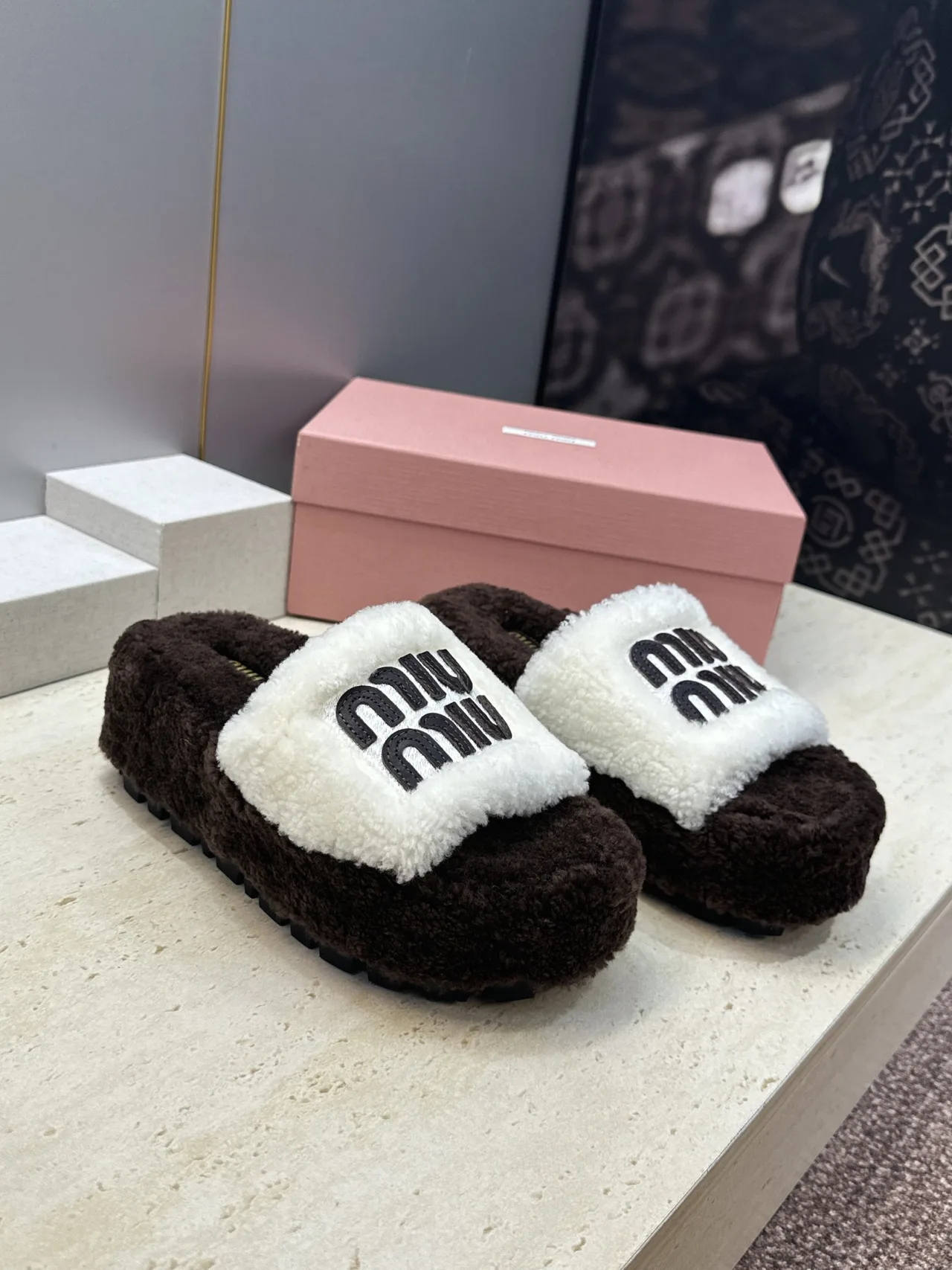 Miu Miu Plush Slide Sandals in Brown · view 2