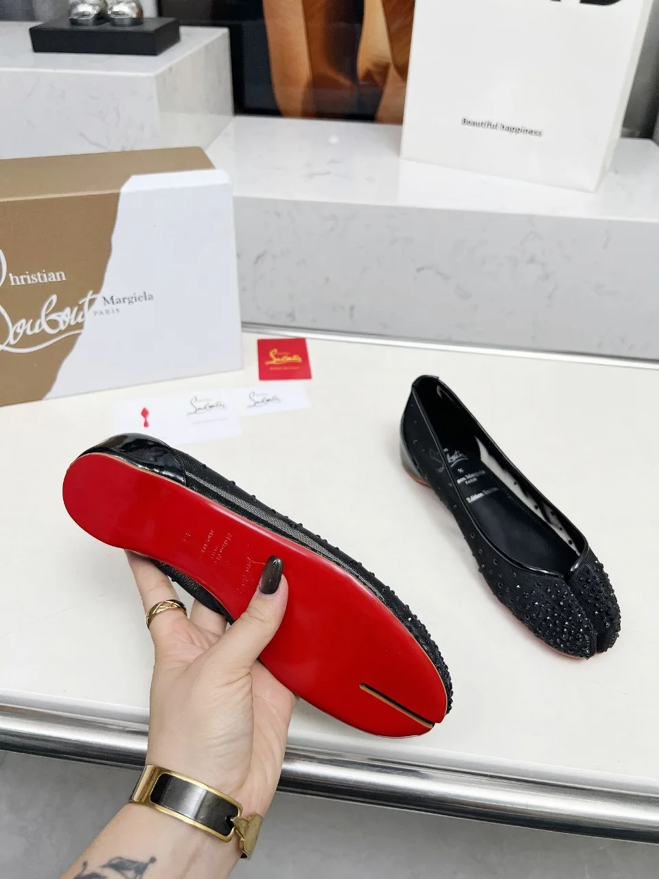 Christian Louboutin Sheepskin Glossy Pointed-Toe Split Toe Flats in Black · view 7
