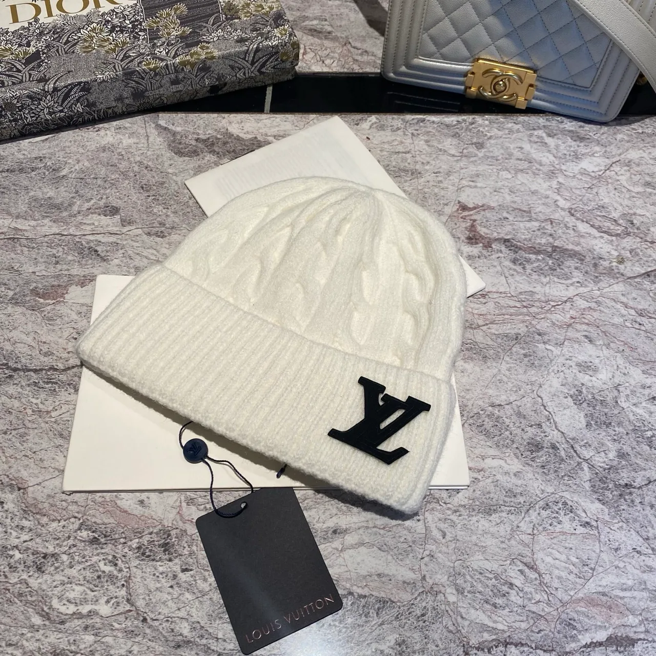 Louis Vuitton Cable-Knit Beanie in Black & White & Grey & Tan & Blue & Burgundy & Pink · view 2