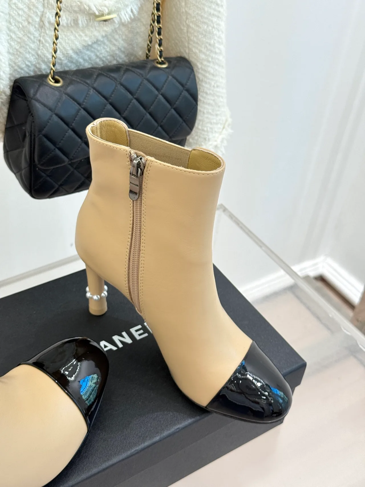 Chanel Lambskin Glossy Ankle Boots in Beige · view 3