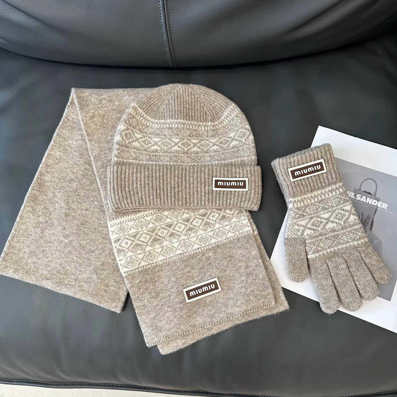 Miu Miu Hat Scarf and Gloves Set in Black & Beige & White · view 2
