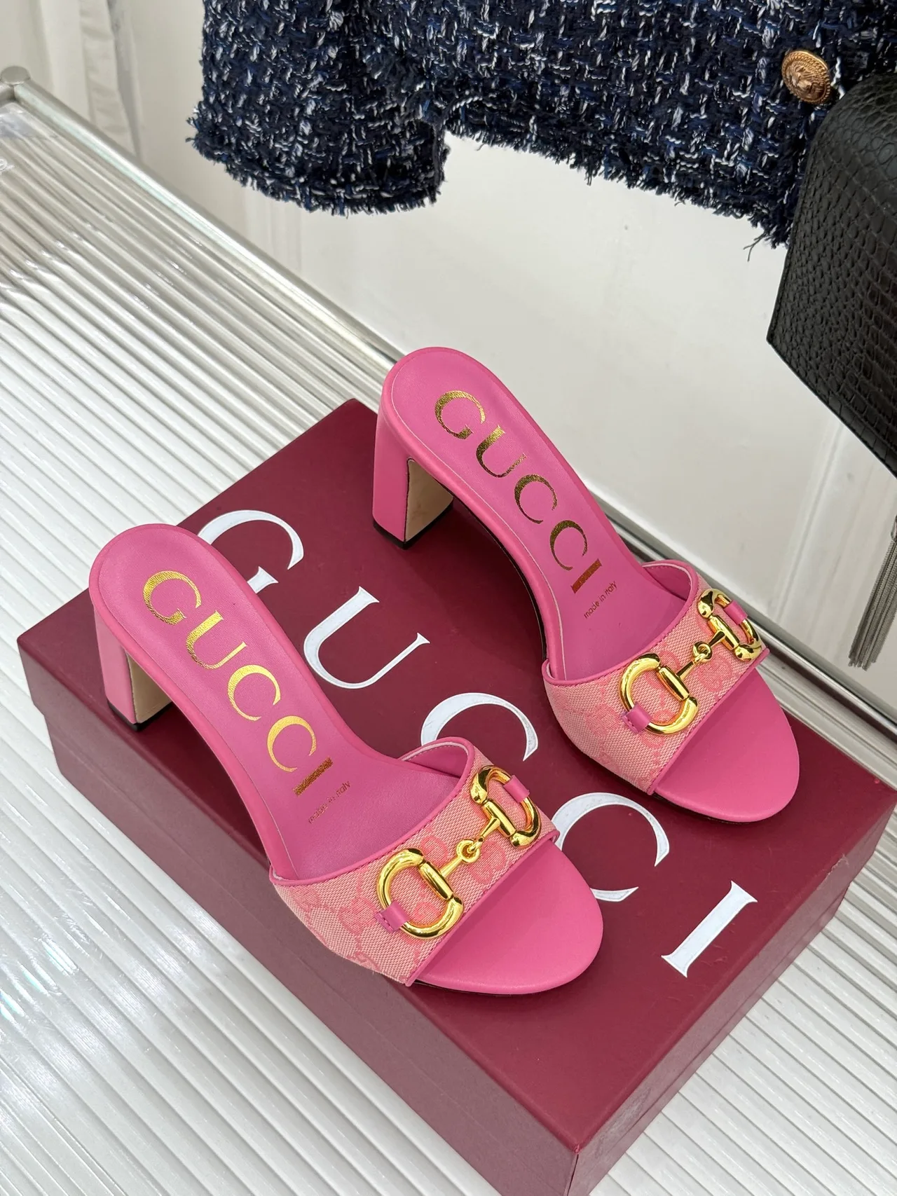 Gucci Canvas Denim Glossy Mules in Pink · view 3