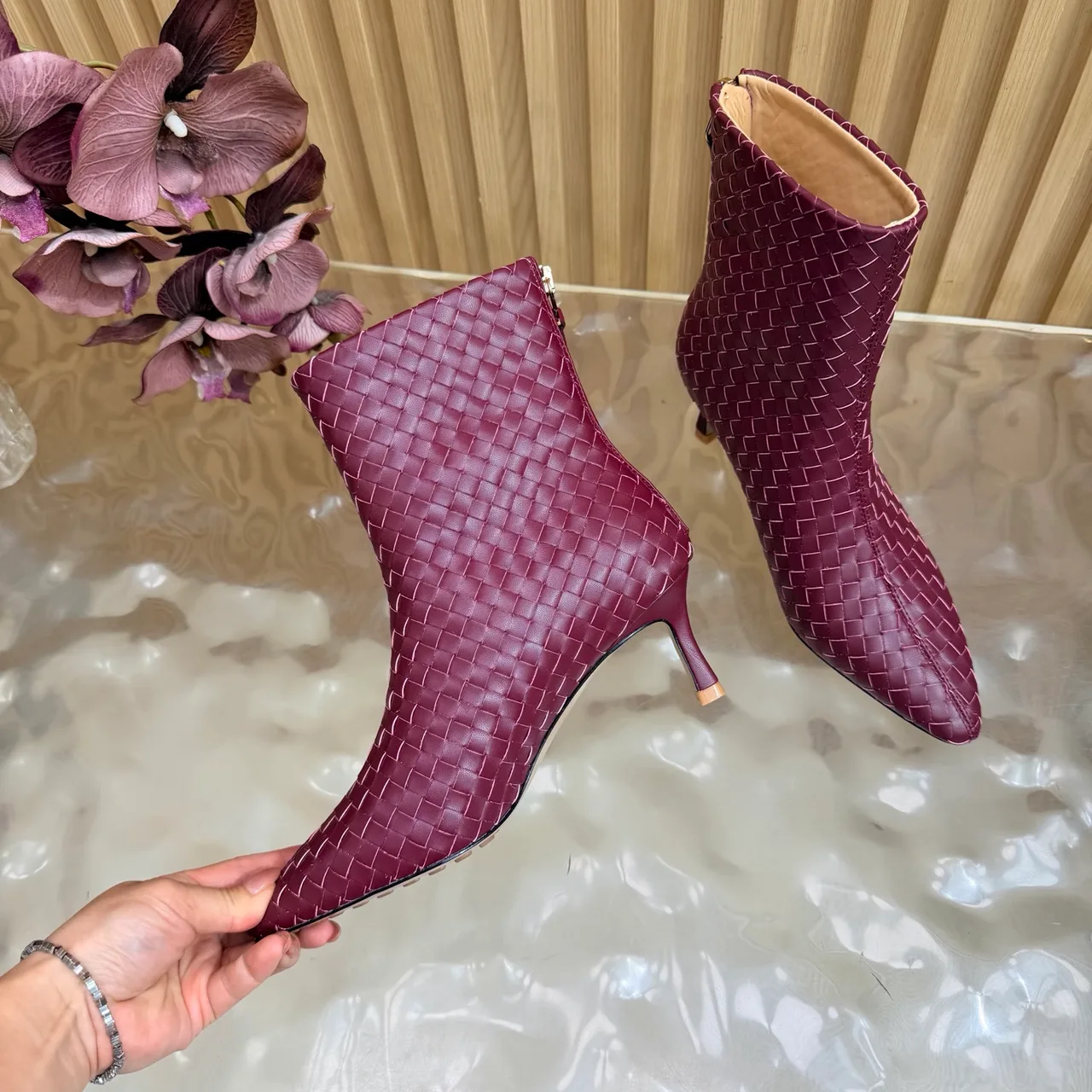 Bottega Veneta Woven Glossy Pointed-Toe Ankle Boots in Burgundy · view 7