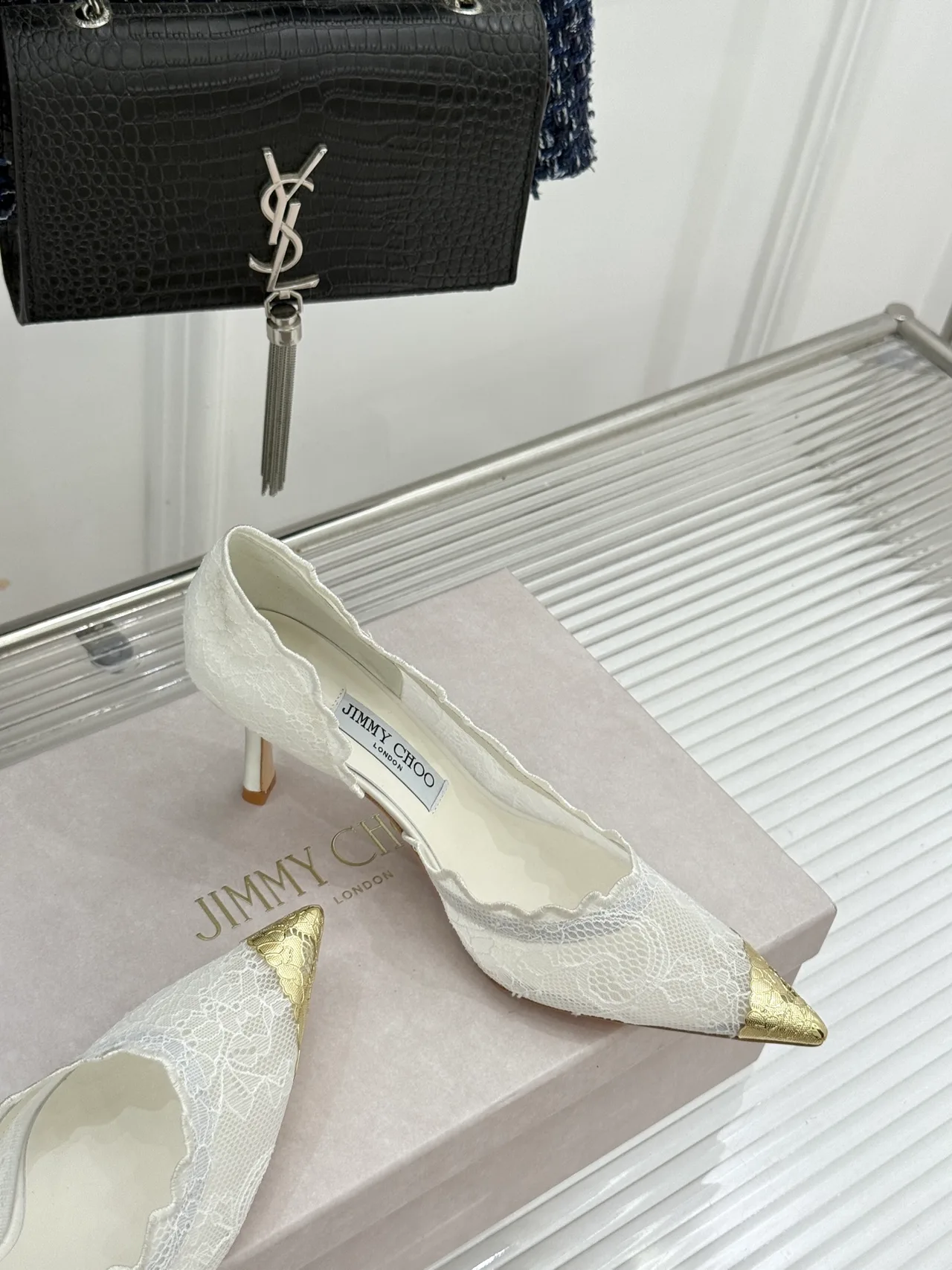 Jimmy Choo Pointed-Toe Lace Heel Pumps in White · view 5
