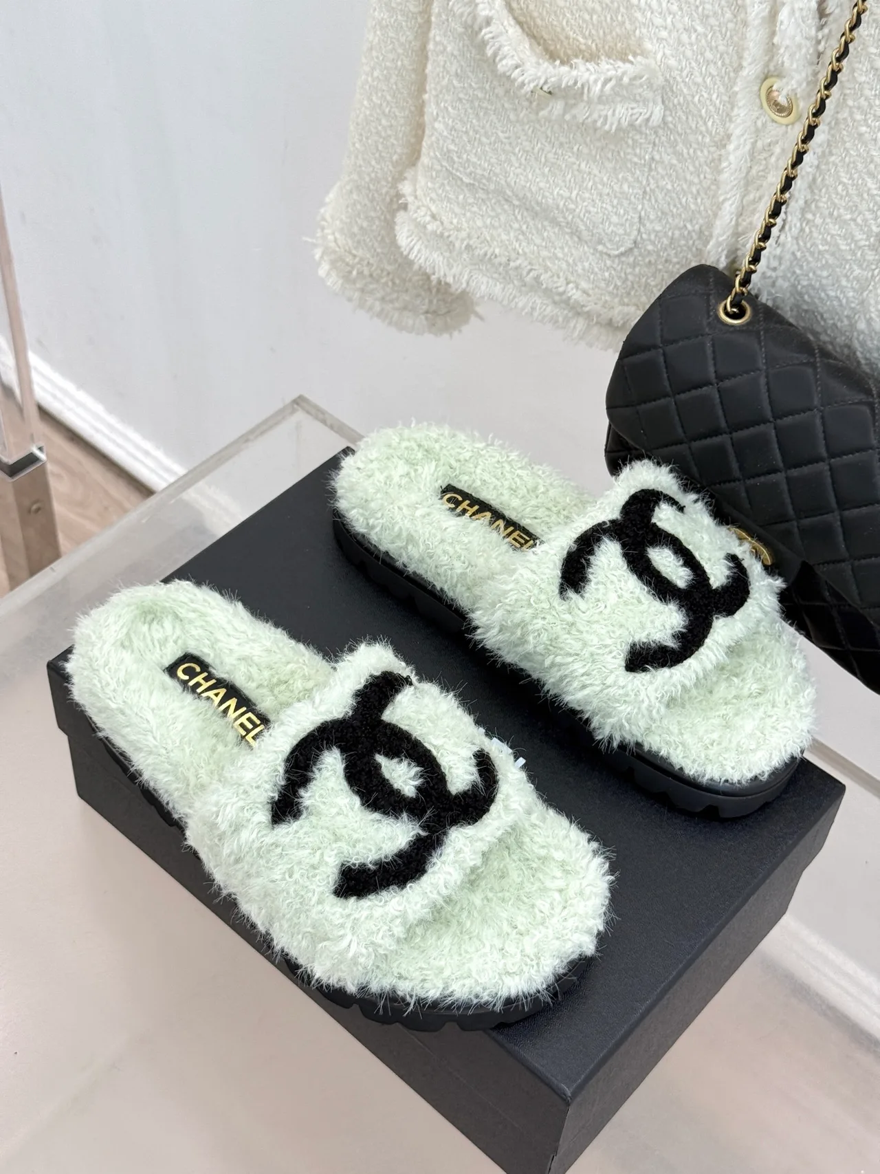 Chanel Denim Slippers in Green · view 3