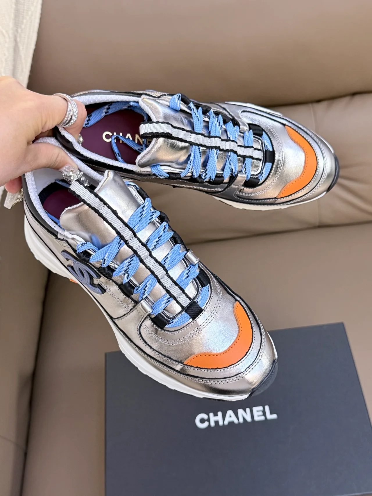 Chanel Cowhide Sheepskin Lace-Up Sneakers in Silver · view 6