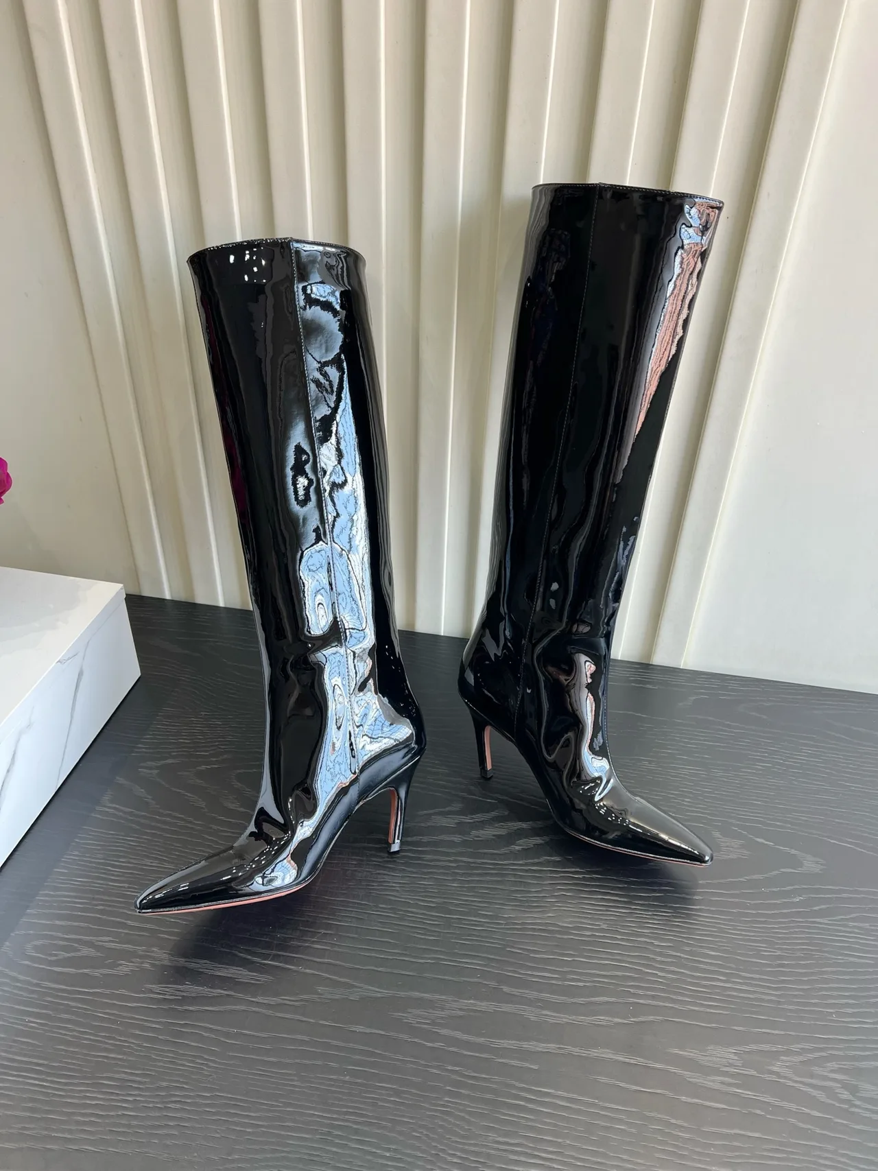 Amina Muaddi Cowhide Glossy Pointed-Toe Knee-High Boots in Black · view 4