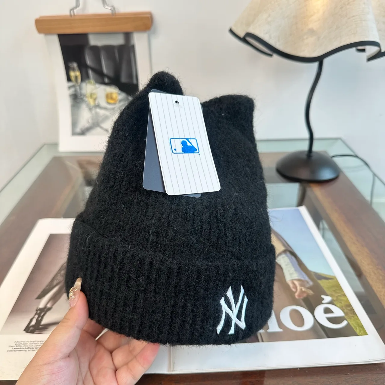 NY Letter Fuzzy Knit Beanie in Black · view 3